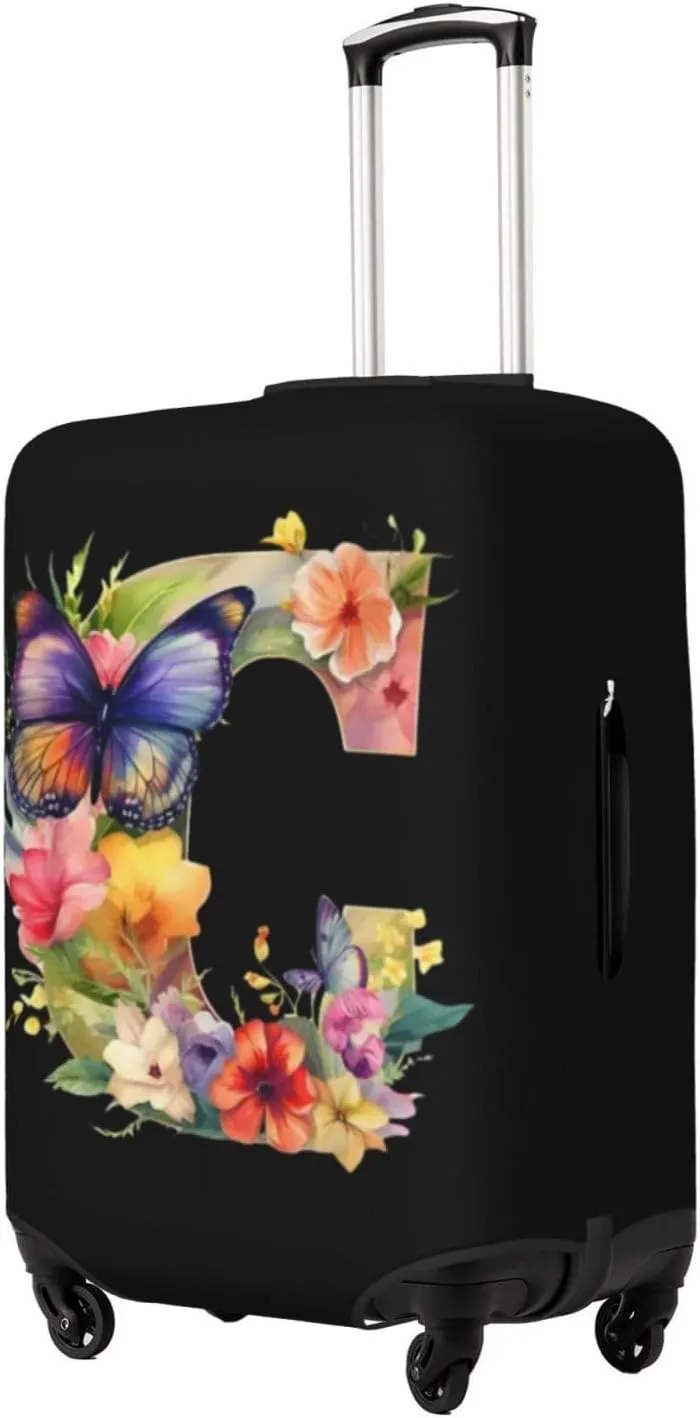 Luggage Cover Flower Butterfly Letter C Black Suitcase Protector fits 18-32inch Travel Suitcase Cover Dustproof Washable with Concealed Zipper for Wheeled Suitcase LC300