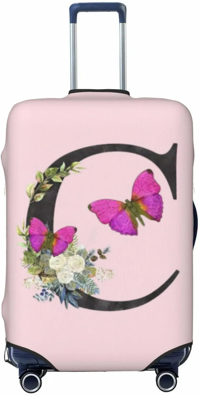 Luggage Cover Flower Butterfly Letter C Pink Suitcase Protector fits 18-32inch Travel Suitcase Cover Dustproof Washable with Concealed Zipper for Wheeled Suitcase LC910