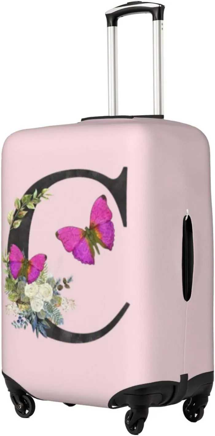 Luggage Cover Flower Butterfly Letter C Pink Suitcase Protector fits 18-32inch Travel Suitcase Cover Dustproof Washable with Concealed Zipper for Wheeled Suitcase LC910