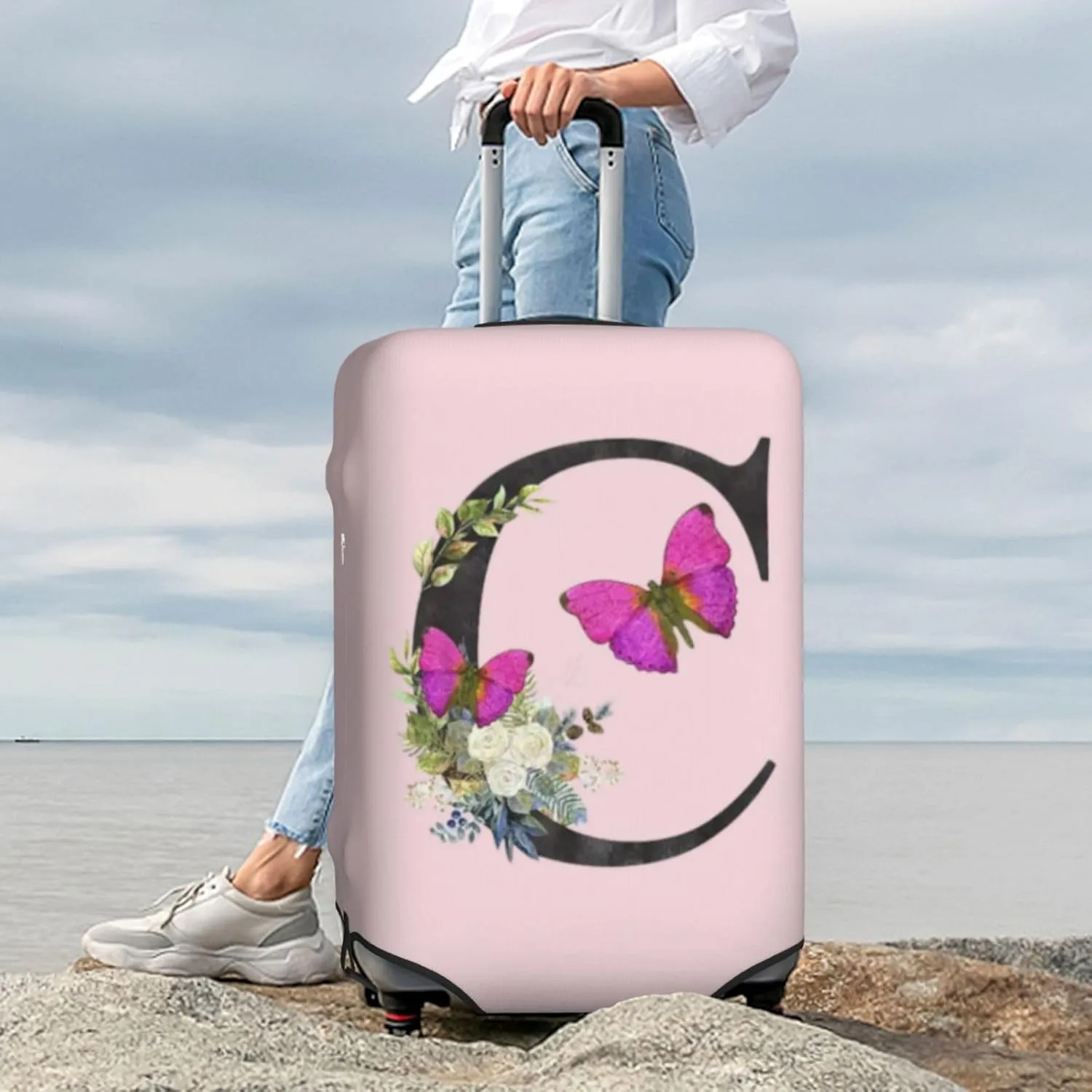 Luggage Cover Flower Butterfly Letter C Pink Suitcase Protector fits 18-32inch Travel Suitcase Cover Dustproof Washable with Concealed Zipper for Wheeled Suitcase LC910