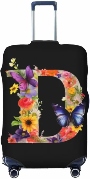 Luggage Cover Flower Butterfly Letter D Black Suitcase Protector fits 18-32inch Travel Suitcase Cover Dustproof Washable with Concealed Zipper for Wheeled Suitcase LC304