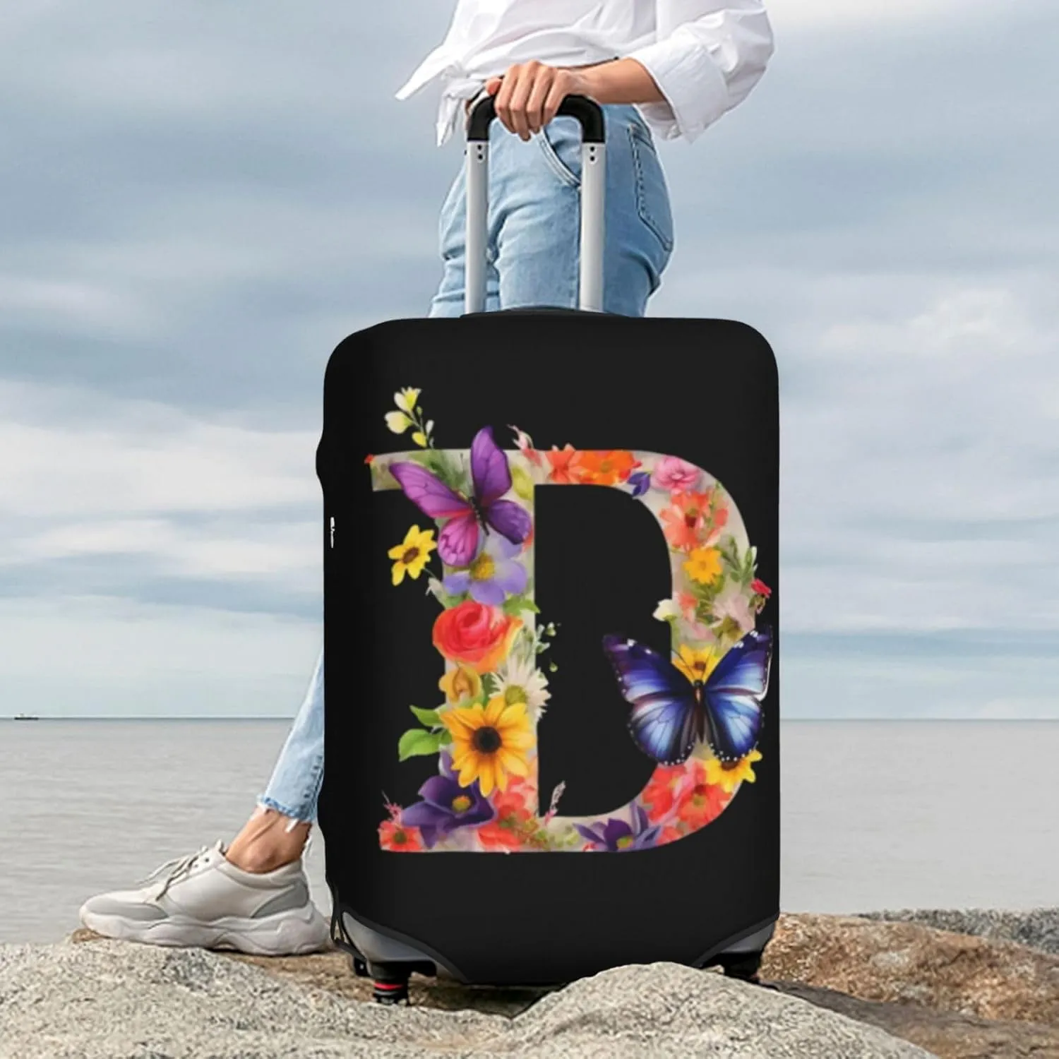 Luggage Cover Flower Butterfly Letter D Black Suitcase Protector fits 18-32inch Travel Suitcase Cover Dustproof Washable with Concealed Zipper for Wheeled Suitcase LC304