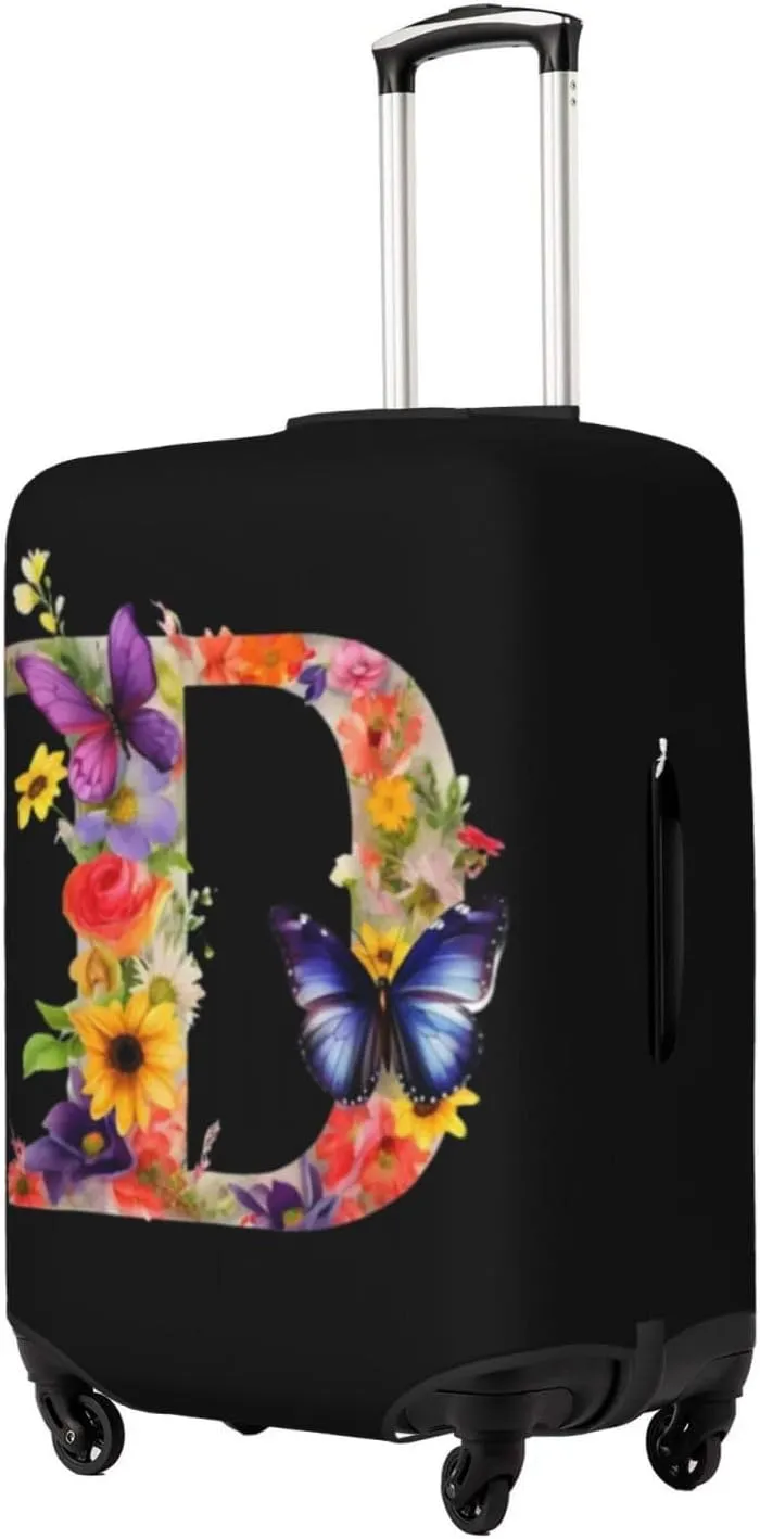 Luggage Cover Flower Butterfly Letter D Black Suitcase Protector fits 18-32inch Travel Suitcase Cover Dustproof Washable with Concealed Zipper for Wheeled Suitcase LC304