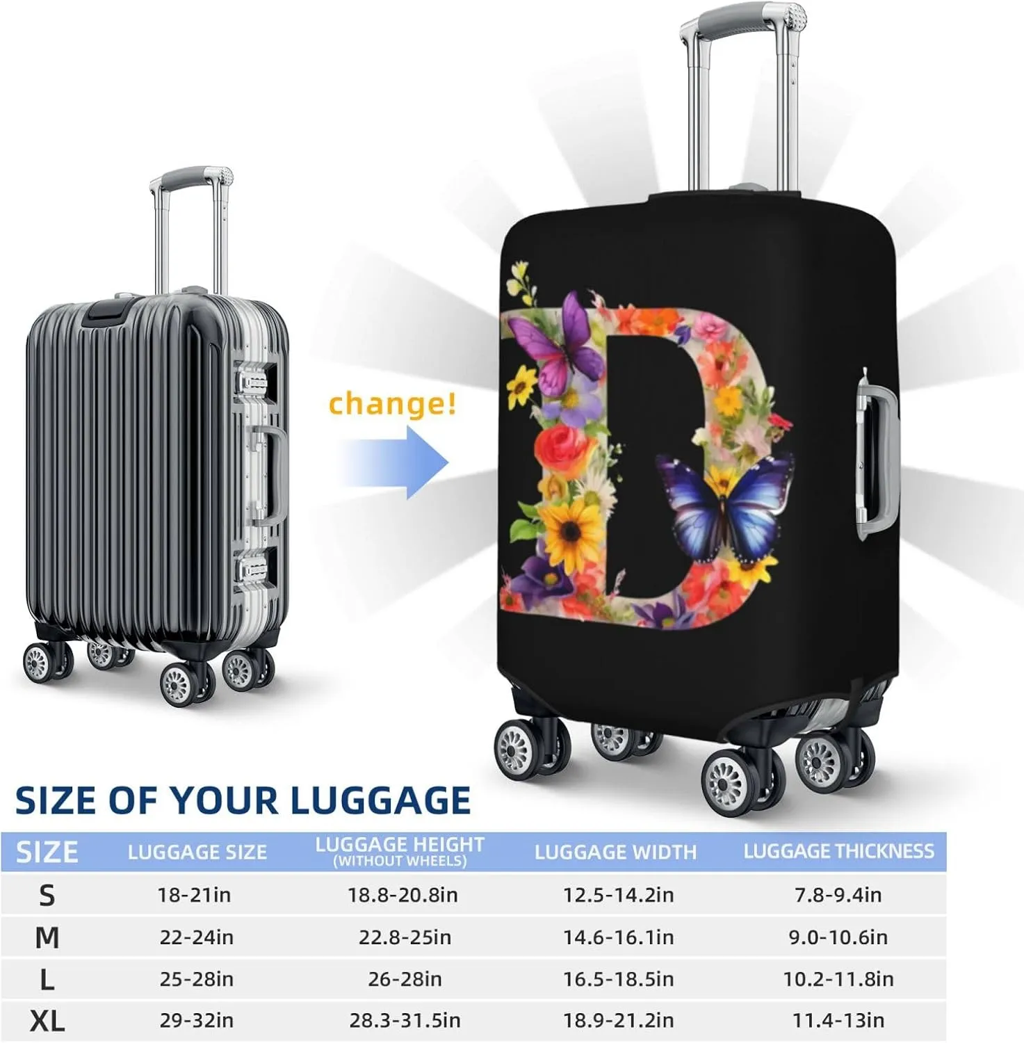 Luggage Cover Flower Butterfly Letter D Black Suitcase Protector fits 18-32inch Travel Suitcase Cover Dustproof Washable with Concealed Zipper for Wheeled Suitcase LC304