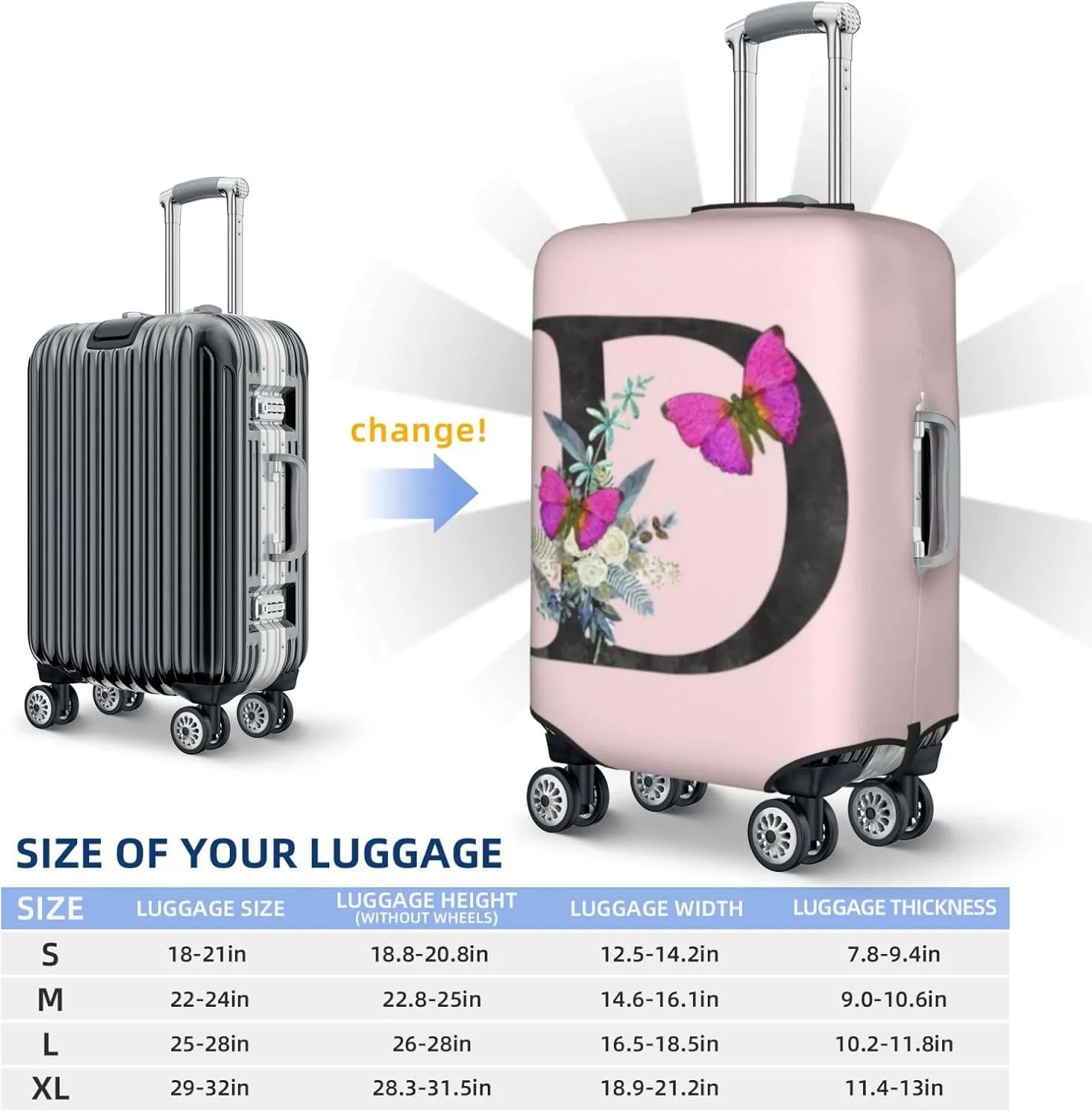Luggage Cover Flower Butterfly Letter D Pink Suitcase Protector fits 18-32inch Travel Suitcase Cover Dustproof Washable with Concealed Zipper for Wheeled Suitcase LC914