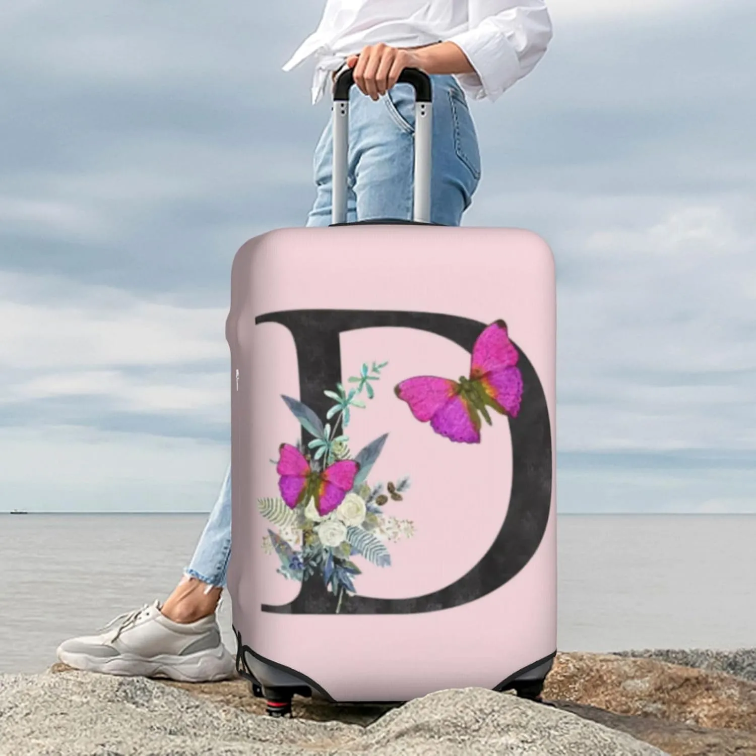 Luggage Cover Flower Butterfly Letter D Pink Suitcase Protector fits 18-32inch Travel Suitcase Cover Dustproof Washable with Concealed Zipper for Wheeled Suitcase LC914