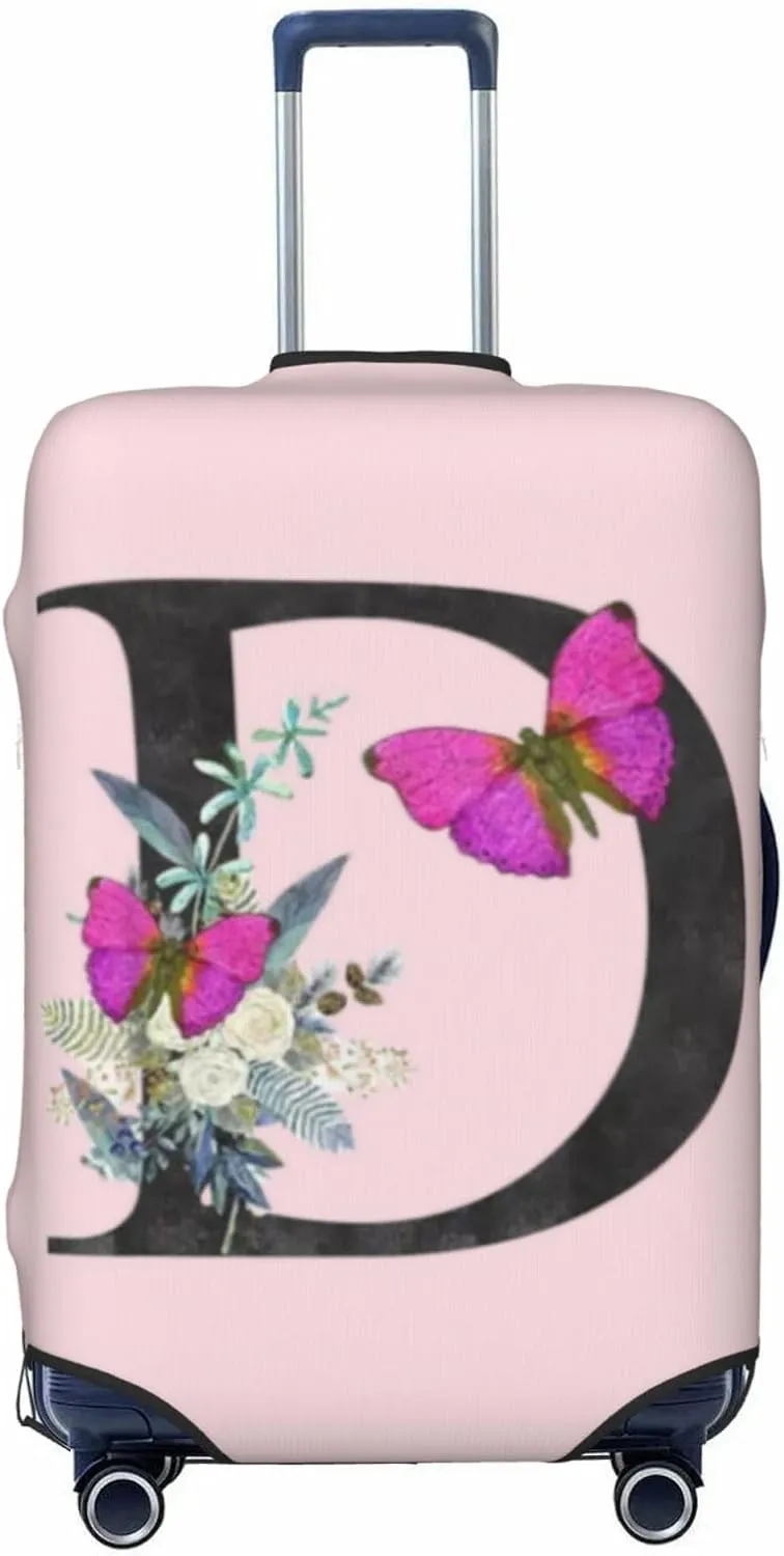 Luggage Cover Flower Butterfly Letter D Pink Suitcase Protector fits 18-32inch Travel Suitcase Cover Dustproof Washable with Concealed Zipper for Wheeled Suitcase LC914