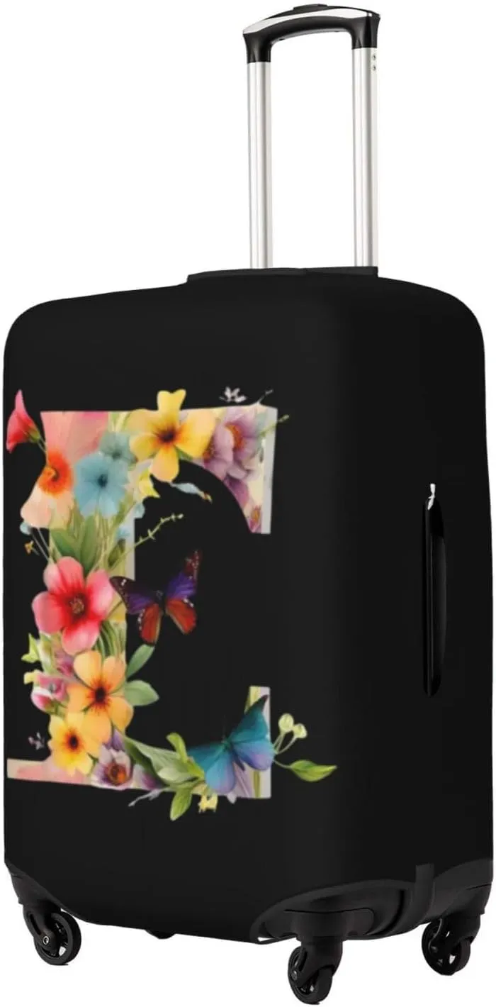 Luggage Cover Flower Butterfly Letter E Black Suitcase Protector fits 18-32inch Travel Suitcase Cover Dustproof Washable with Concealed Zipper for Wheeled Suitcase LC308