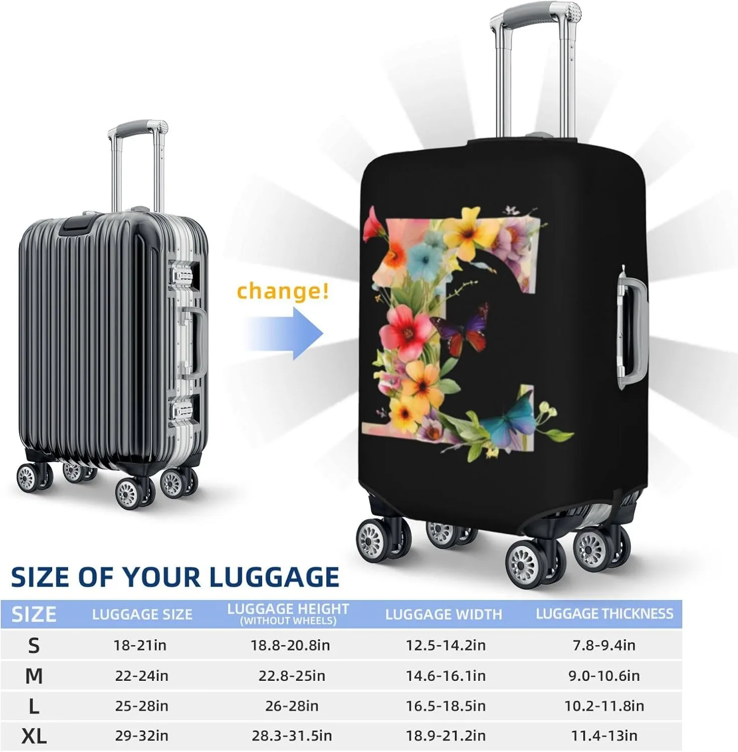 Luggage Cover Flower Butterfly Letter E Black Suitcase Protector fits 18-32inch Travel Suitcase Cover Dustproof Washable with Concealed Zipper for Wheeled Suitcase LC308