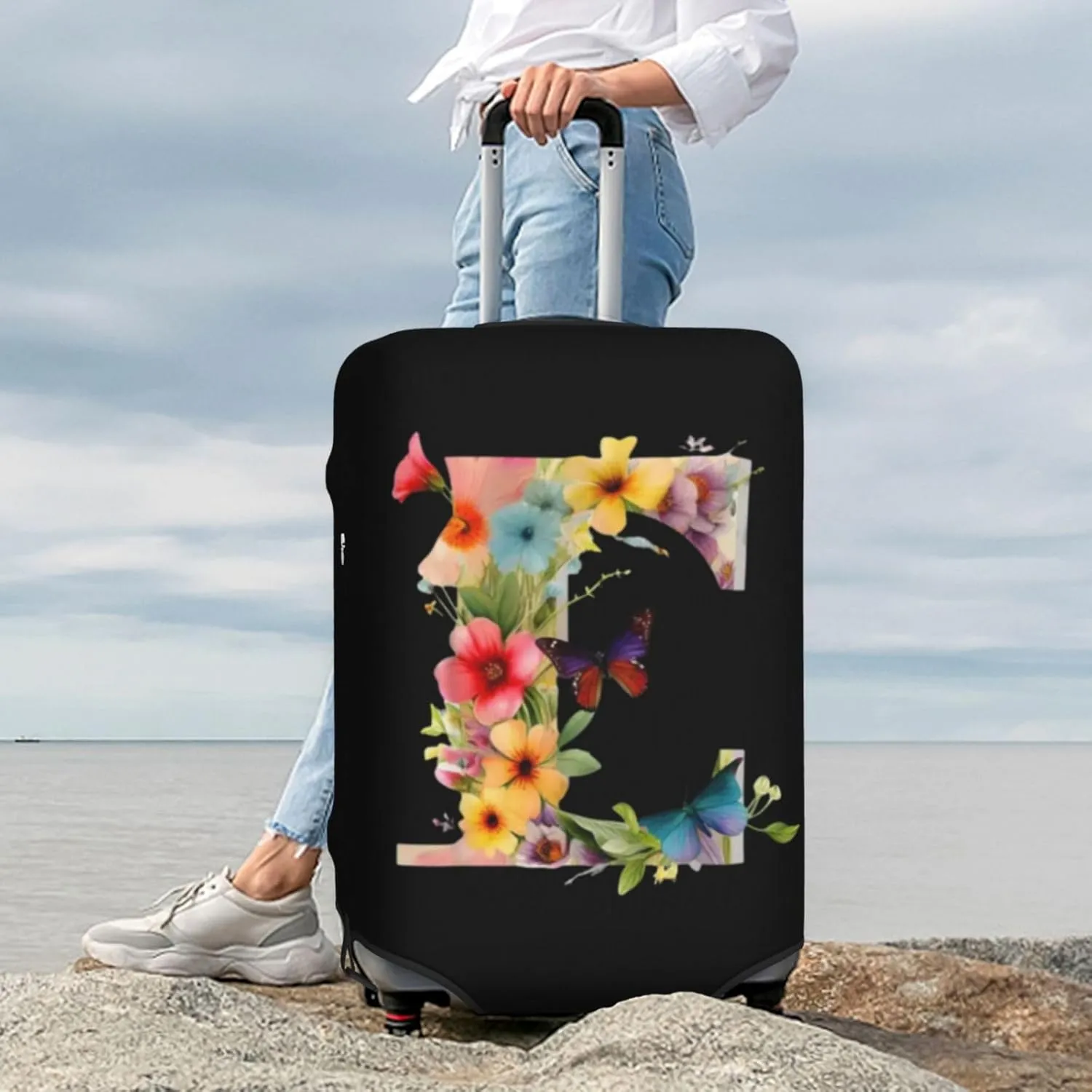 Luggage Cover Flower Butterfly Letter E Black Suitcase Protector fits 18-32inch Travel Suitcase Cover Dustproof Washable with Concealed Zipper for Wheeled Suitcase LC308