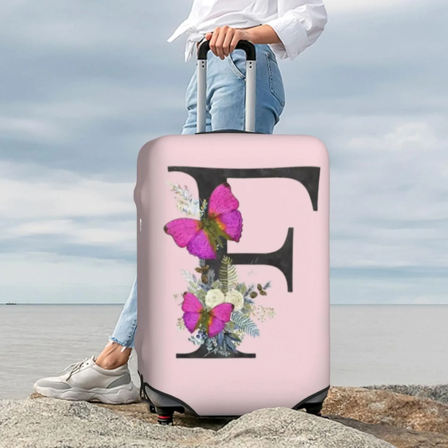 Luggage Cover Flower Butterfly Letter F Pink Suitcase Protector fits 18-32inch Travel Suitcase Cover Dustproof Washable with Concealed Zipper for Wheeled Suitcase LC918