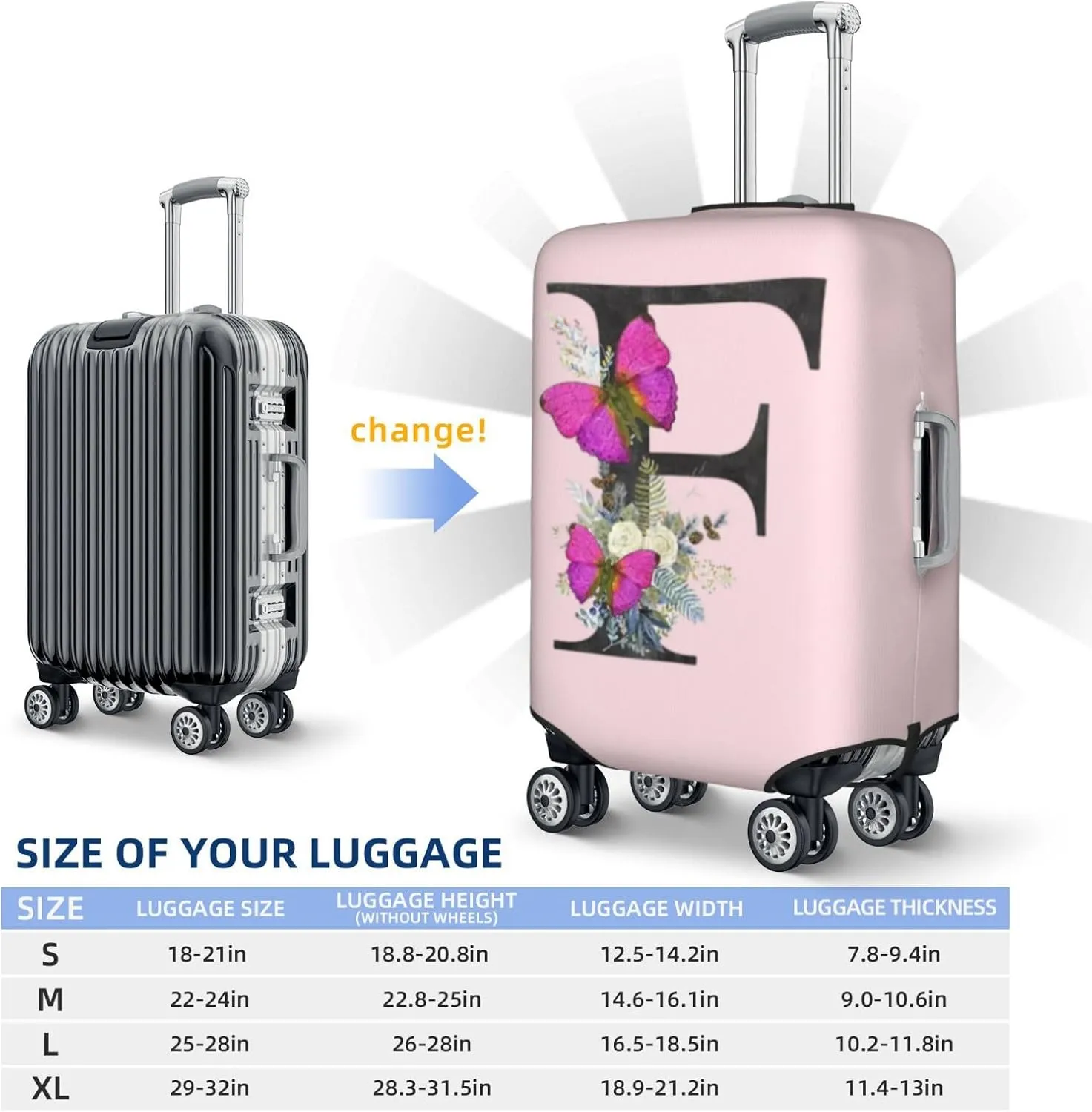 Luggage Cover Flower Butterfly Letter F Pink Suitcase Protector fits 18-32inch Travel Suitcase Cover Dustproof Washable with Concealed Zipper for Wheeled Suitcase LC918