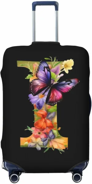 Luggage Cover Flower Butterfly Letter I Black Suitcase Protector fits 18-32inch Travel Suitcase Cover Dustproof Washable with Concealed Zipper for Wheeled Suitcase LC324
