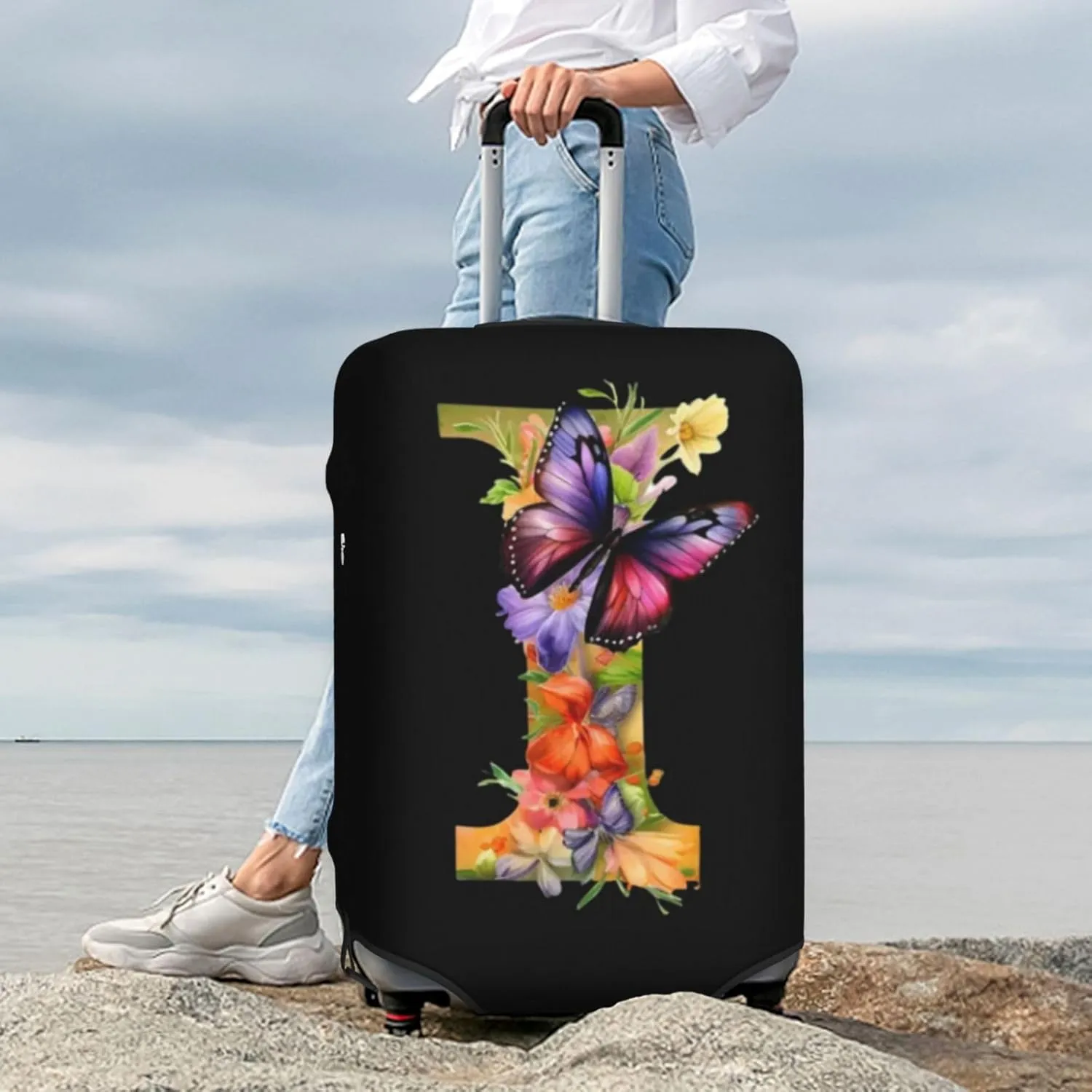 Luggage Cover Flower Butterfly Letter I Black Suitcase Protector fits 18-32inch Travel Suitcase Cover Dustproof Washable with Concealed Zipper for Wheeled Suitcase LC324