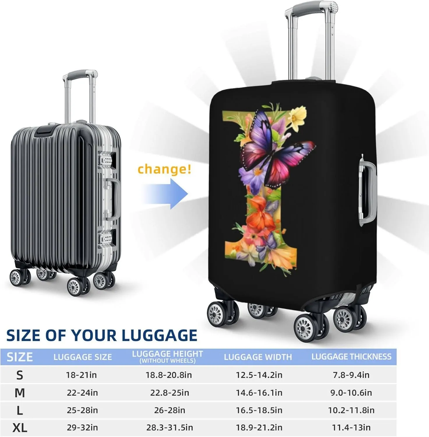 Luggage Cover Flower Butterfly Letter I Black Suitcase Protector fits 18-32inch Travel Suitcase Cover Dustproof Washable with Concealed Zipper for Wheeled Suitcase LC324