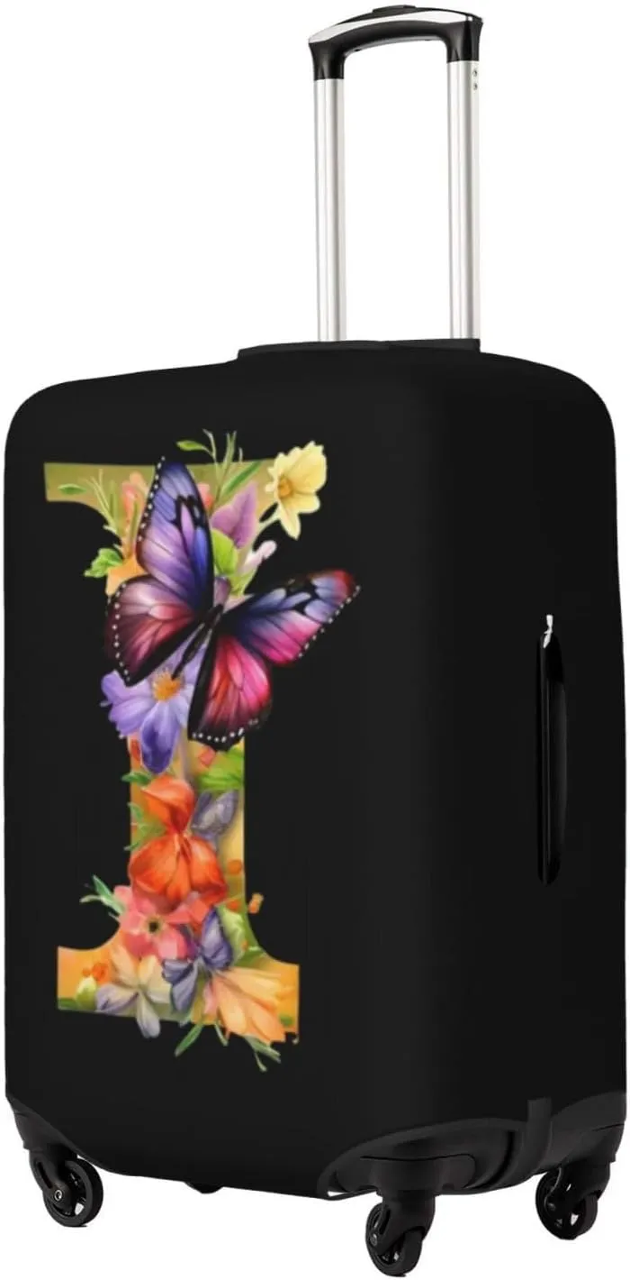Luggage Cover Flower Butterfly Letter I Black Suitcase Protector fits 18-32inch Travel Suitcase Cover Dustproof Washable with Concealed Zipper for Wheeled Suitcase LC324