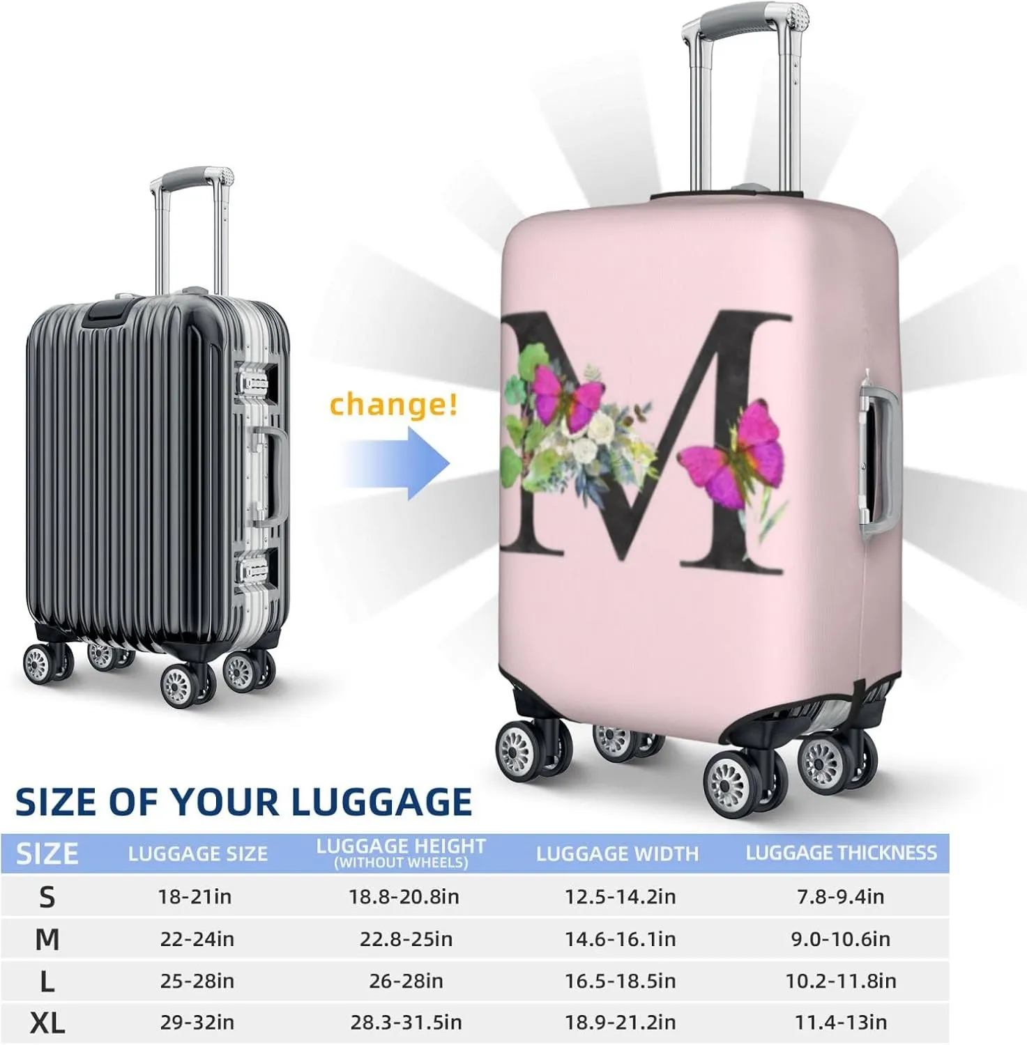 Luggage Cover Flower Butterfly Letter M Pink Suitcase Protector fits 18-32inch Travel Suitcase Cover Dustproof Washable with Concealed Zipper for Wheeled Suitcase LC946