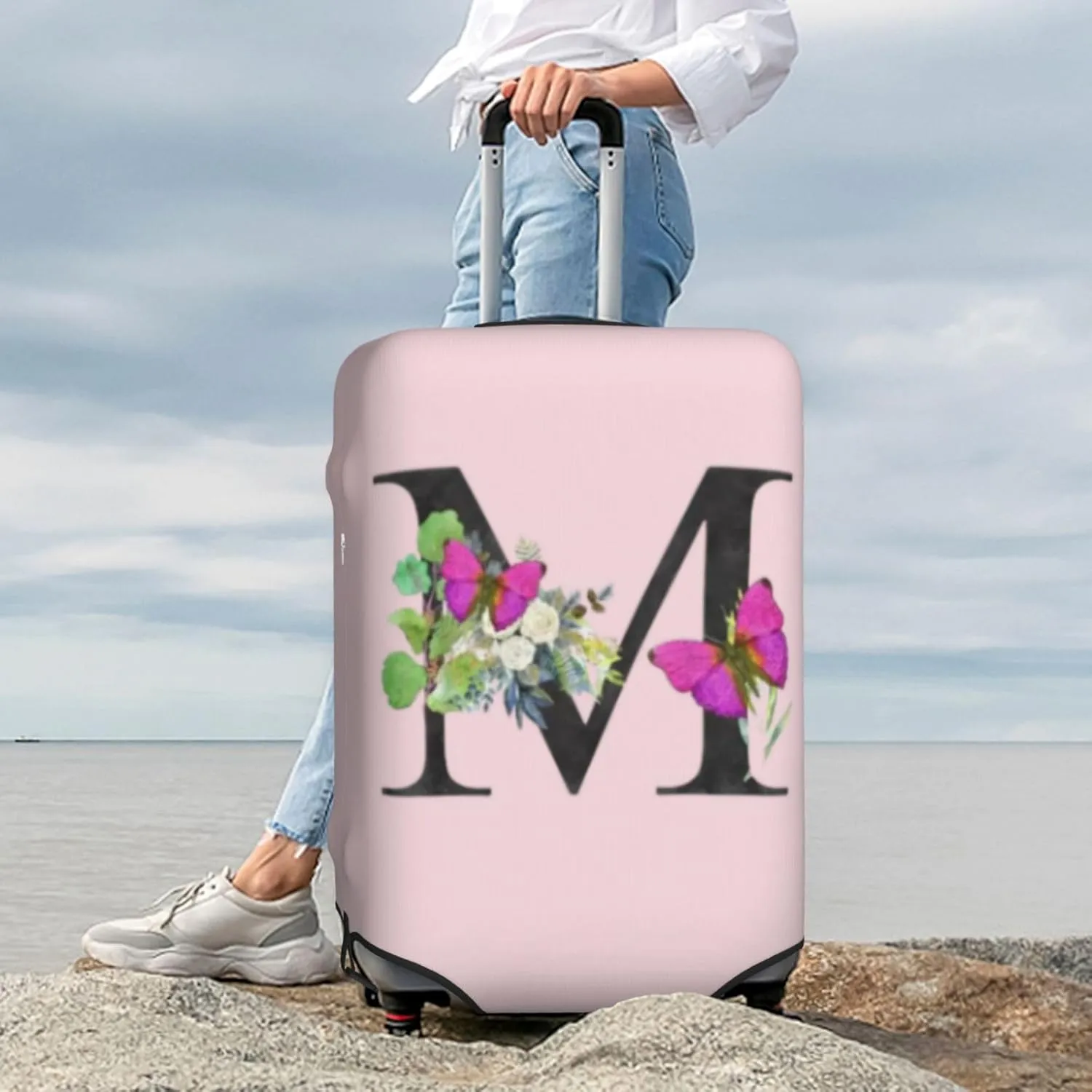 Luggage Cover Flower Butterfly Letter M Pink Suitcase Protector fits 18-32inch Travel Suitcase Cover Dustproof Washable with Concealed Zipper for Wheeled Suitcase LC946
