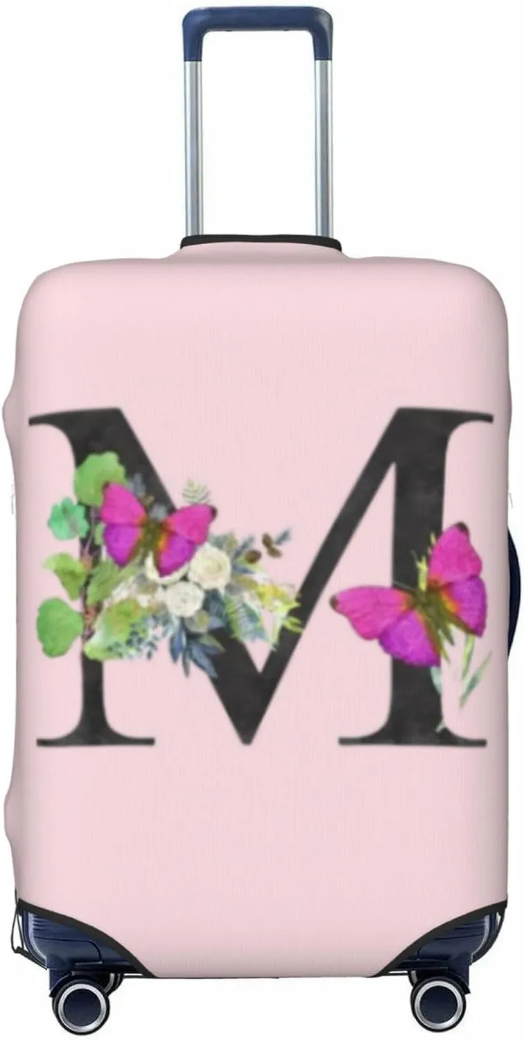 Luggage Cover Flower Butterfly Letter M Pink Suitcase Protector fits 18-32inch Travel Suitcase Cover Dustproof Washable with Concealed Zipper for Wheeled Suitcase LC946