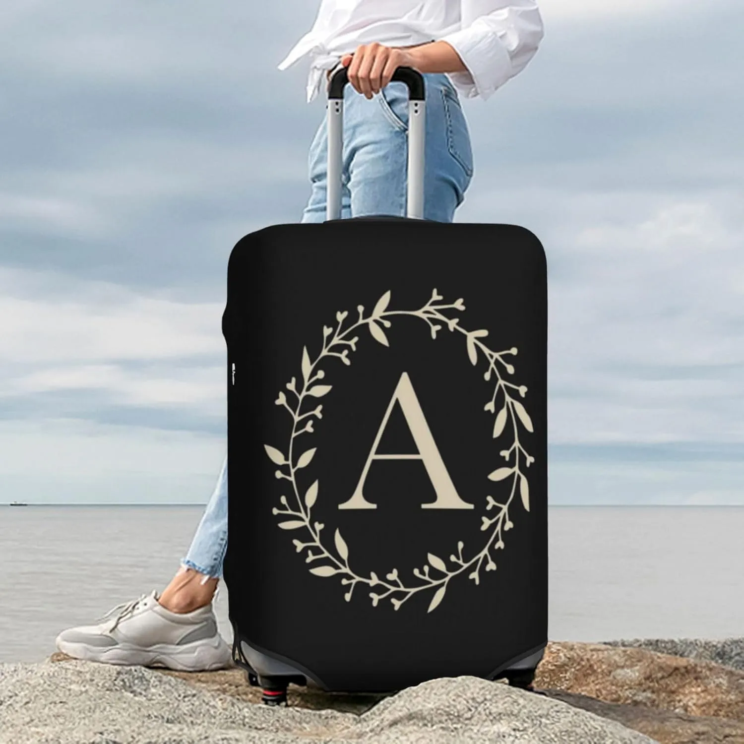 Luggage Cover Flower Golden Letter A Black Suitcase Protector fits 18-32inch Travel Suitcase Cover Dustproof Washable with Concealed Zipper for Wheeled Suitcase LC02