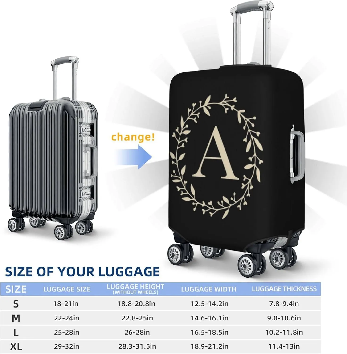 Luggage Cover Flower Golden Letter A Black Suitcase Protector fits 18-32inch Travel Suitcase Cover Dustproof Washable with Concealed Zipper for Wheeled Suitcase LC02