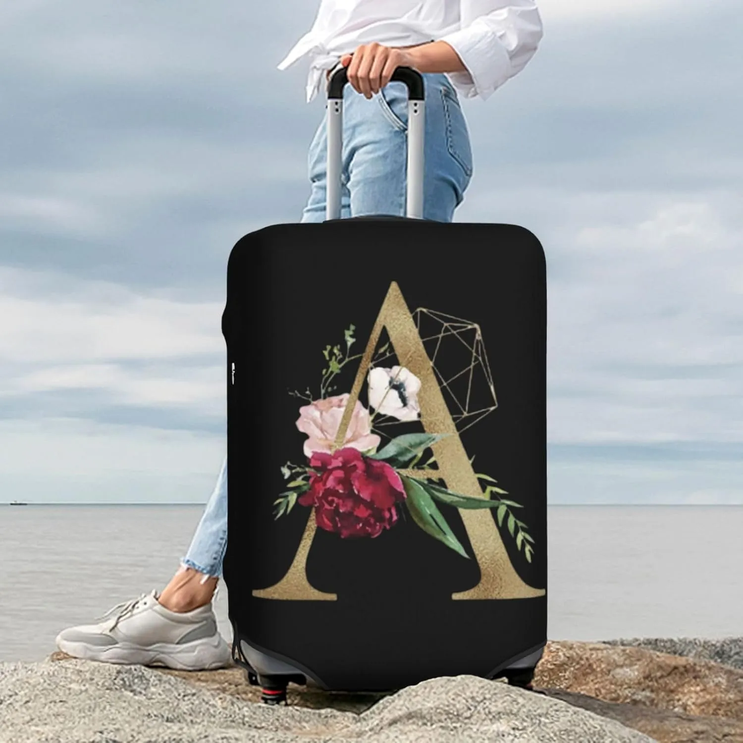 Luggage Cover Flower Golden Letter A Black Suitcase Protector fits 18-32inch Travel Suitcase Cover Washable Dustproof with Concealed Zipper for Wheeled Suitcase LC108