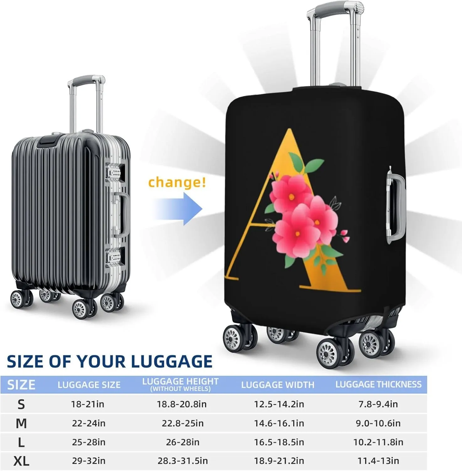 Luggage Cover Flower Golden Letter A Suitcase Protector fits 18-32inch Travel Suitcase Cover Dustproof Washable with Concealed Zipper for Wheeled Suitcase LC801