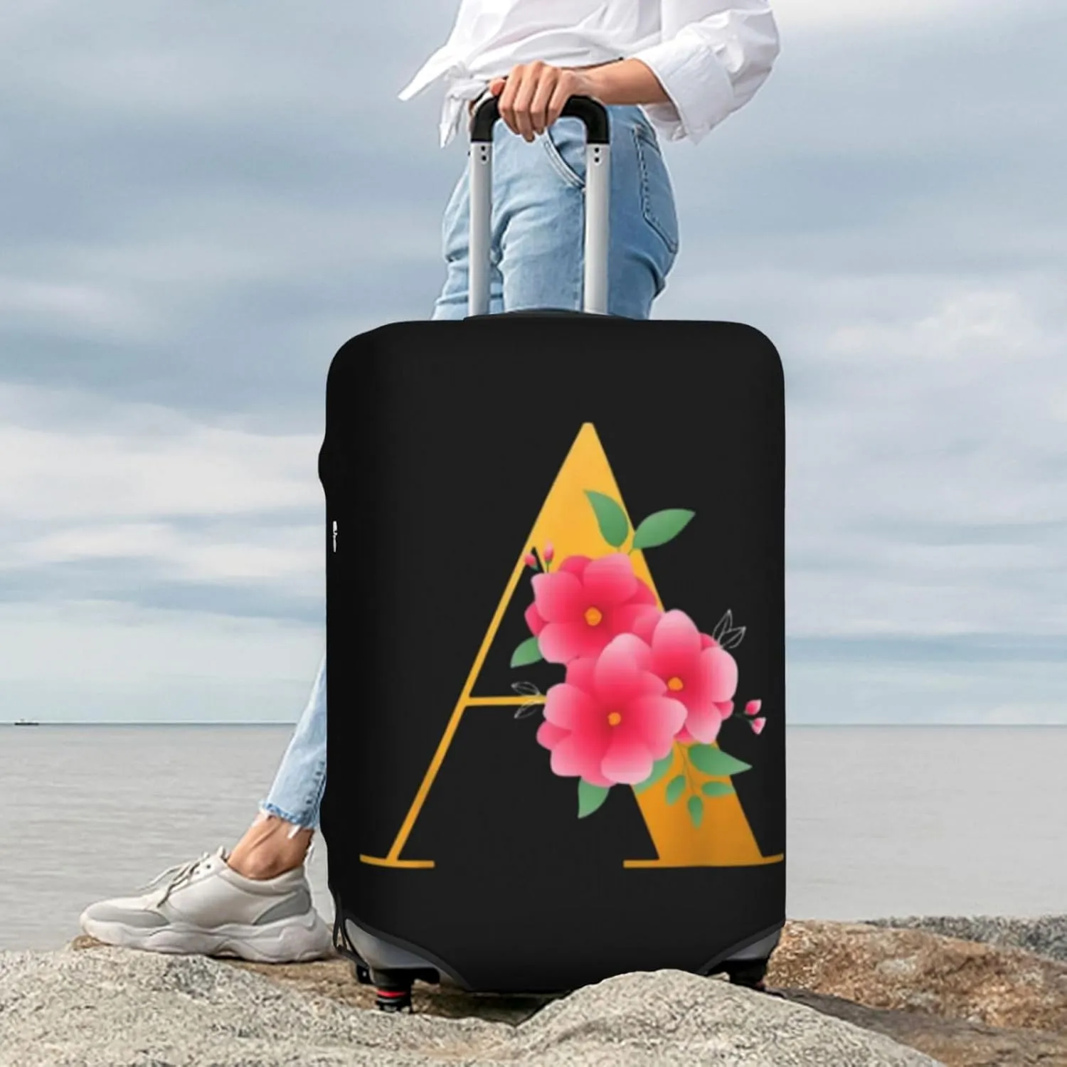 Luggage Cover Flower Golden Letter A Suitcase Protector fits 18-32inch Travel Suitcase Cover Dustproof Washable with Concealed Zipper for Wheeled Suitcase LC801