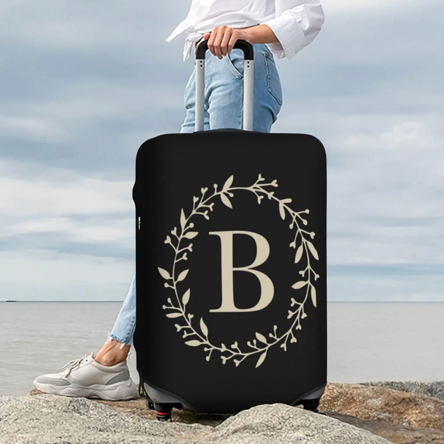 Luggage Cover Flower Golden Letter B Black Suitcase Protector fits 18-32inch Travel Suitcase Cover Dustproof Washable with Concealed Zipper for Wheeled Suitcase LC06