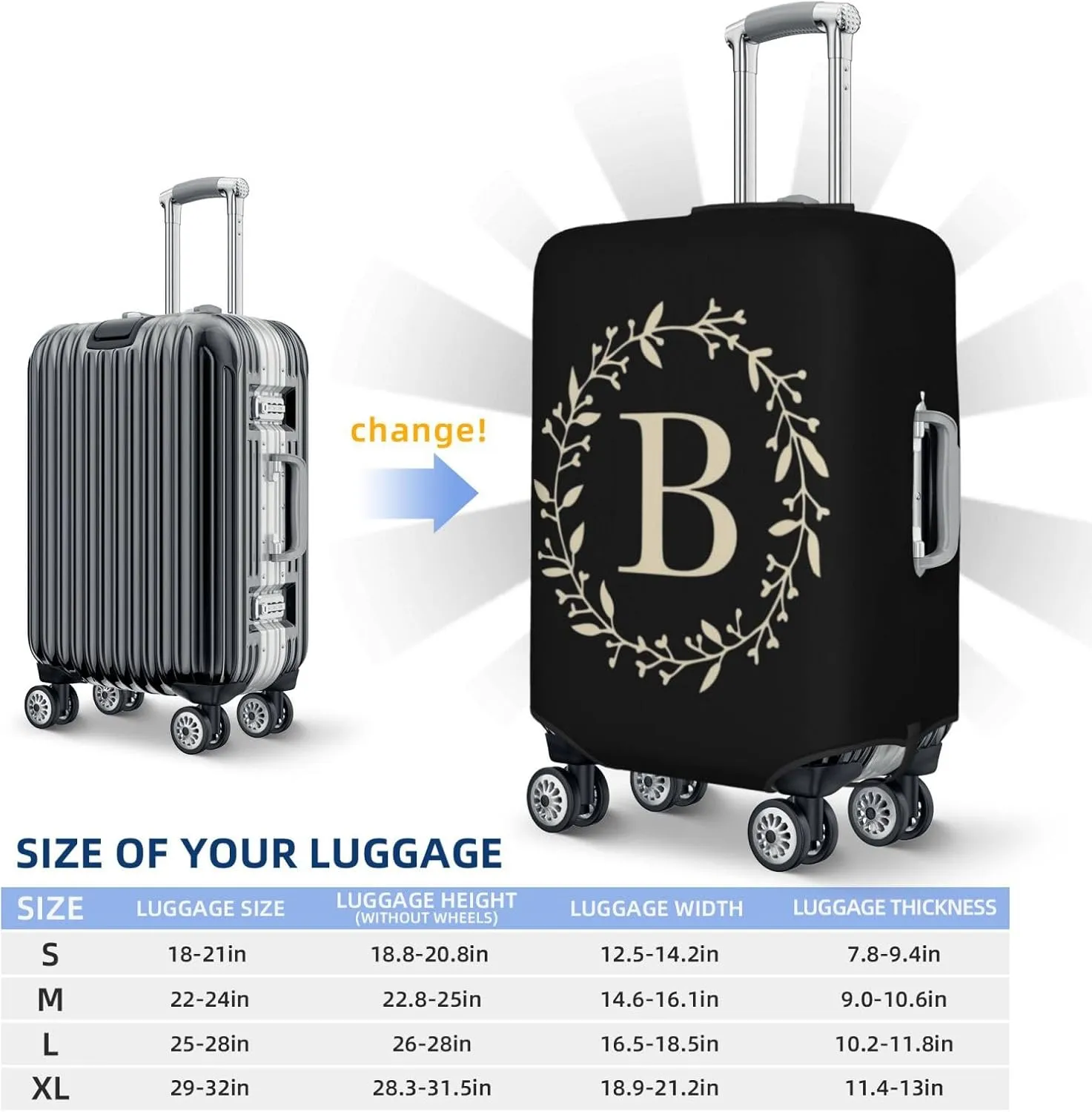 Luggage Cover Flower Golden Letter B Black Suitcase Protector fits 18-32inch Travel Suitcase Cover Dustproof Washable with Concealed Zipper for Wheeled Suitcase LC06