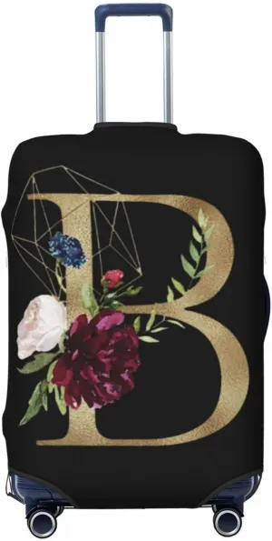 Luggage Cover Flower Golden Letter B Black Suitcase Protector fits 18-32inch Travel Suitcase Cover Washable Dustproof with Concealed Zipper for Wheeled Suitcase LC112