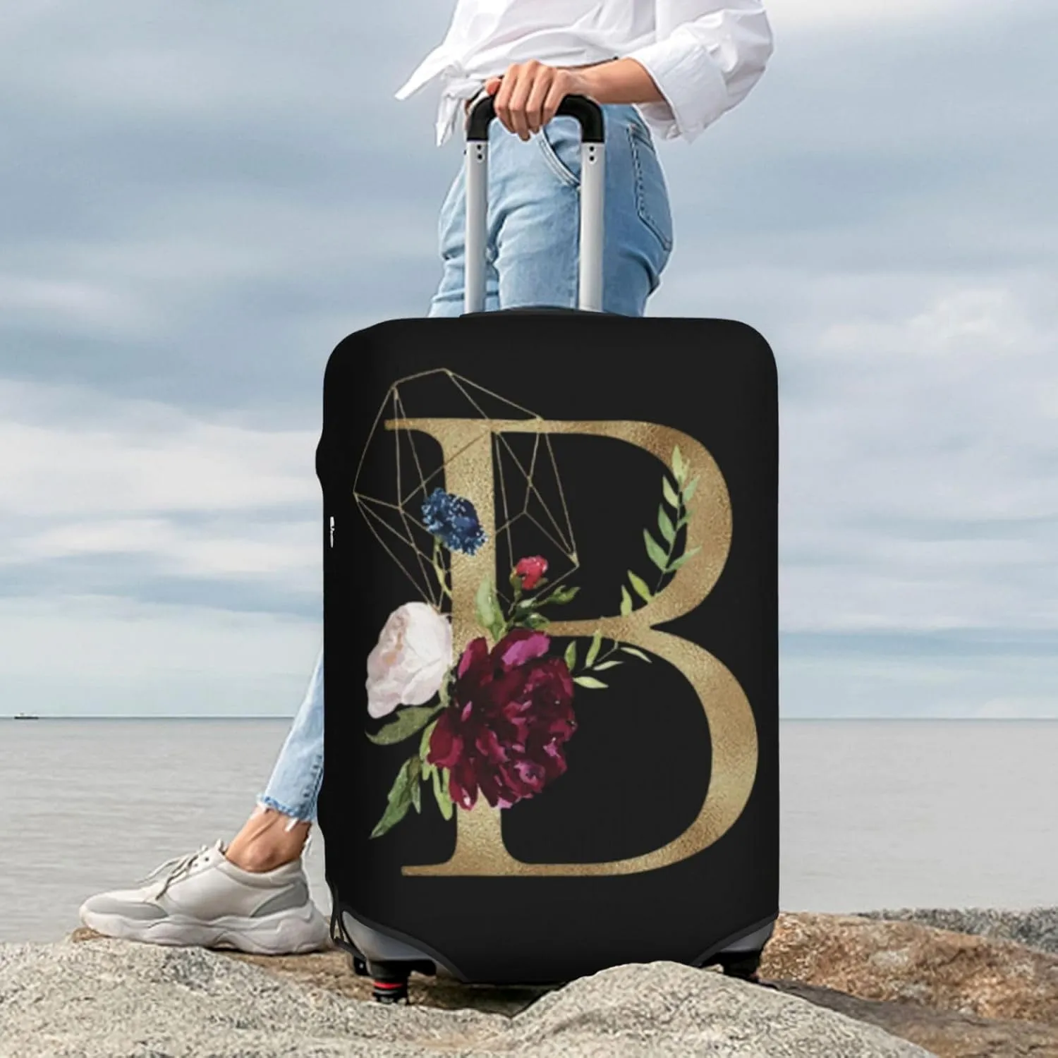 Luggage Cover Flower Golden Letter B Black Suitcase Protector fits 18-32inch Travel Suitcase Cover Washable Dustproof with Concealed Zipper for Wheeled Suitcase LC112