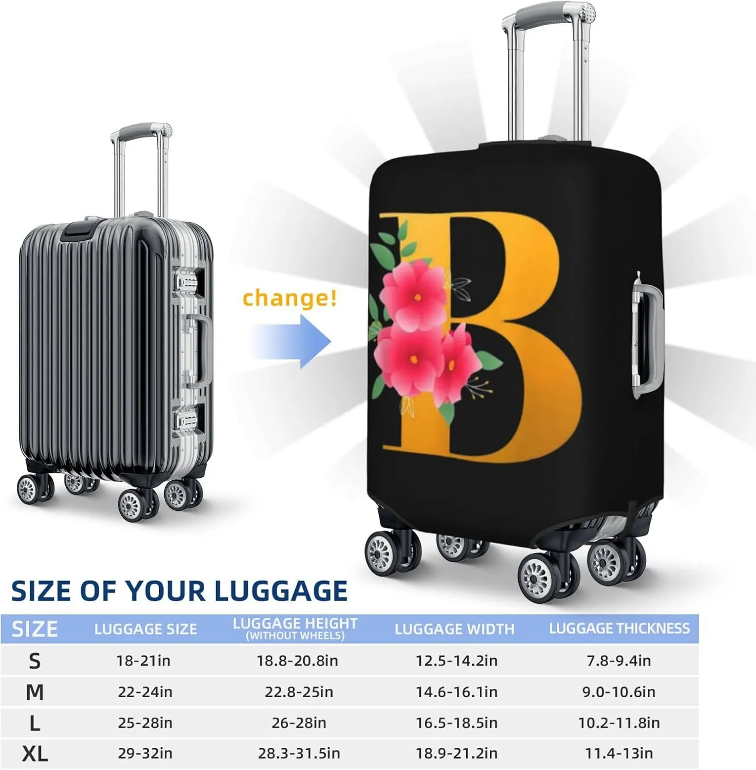 Luggage Cover Flower Golden Letter B Suitcase Protector fits 18-32inch Travel Suitcase Cover Dustproof Washable with Concealed Zipper for Wheeled Suitcase LC805