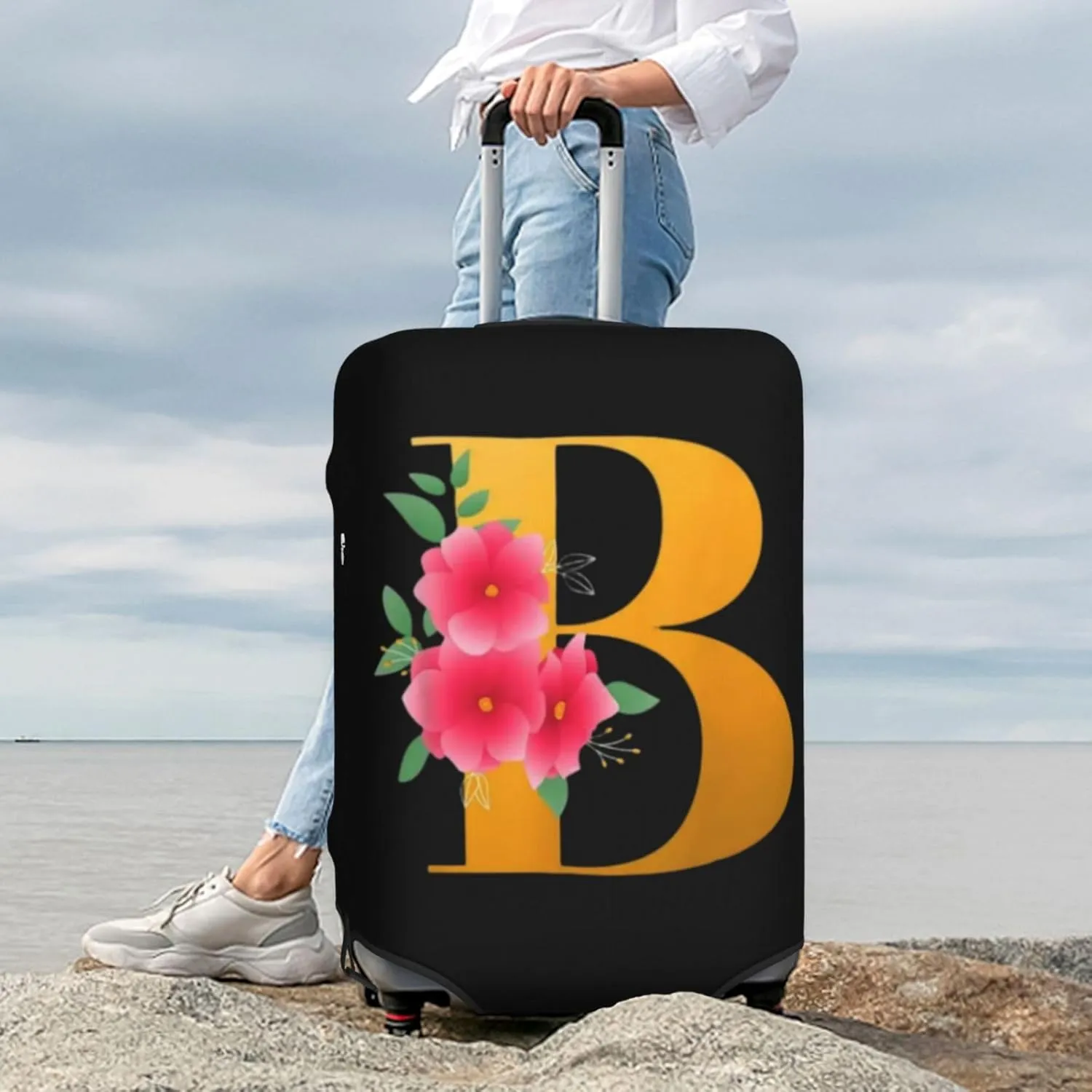 Luggage Cover Flower Golden Letter B Suitcase Protector fits 18-32inch Travel Suitcase Cover Dustproof Washable with Concealed Zipper for Wheeled Suitcase LC805