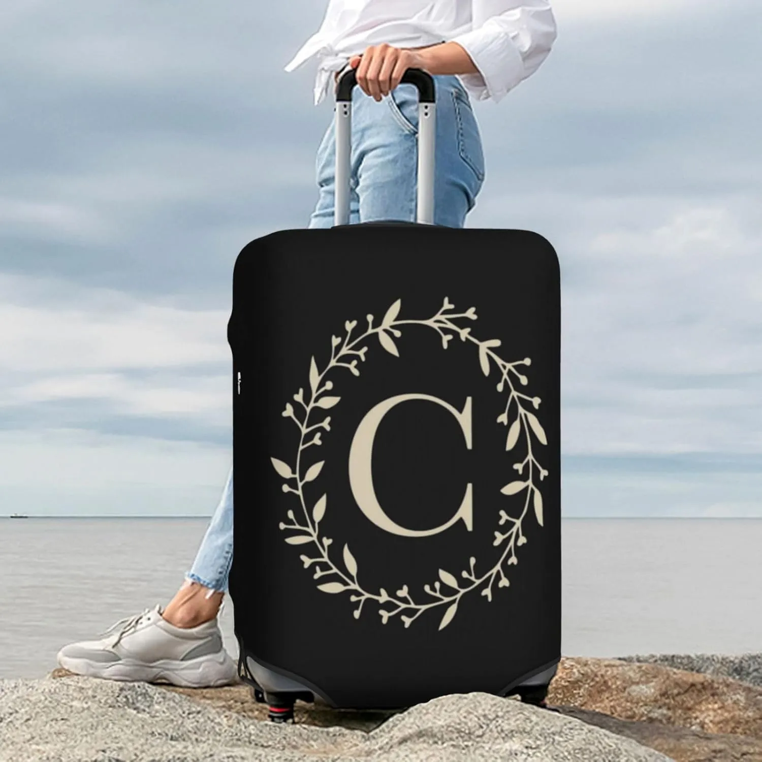 Luggage Cover Flower Golden Letter C Black Suitcase Protector fits 18-32inch Travel Suitcase Cover Dustproof Washable with Concealed Zipper for Wheeled Suitcase LC10