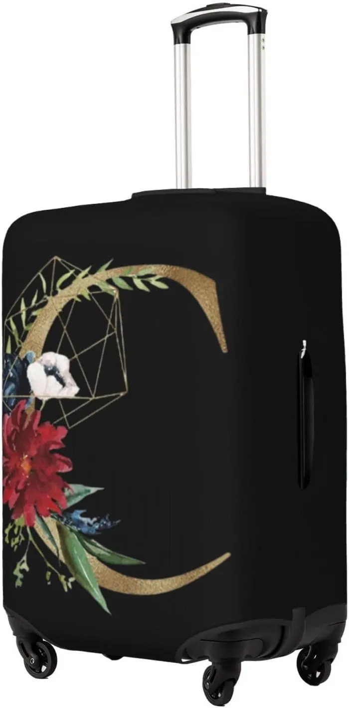 Luggage Cover Flower Golden Letter C Black Suitcase Protector fits 18-32inch Travel Suitcase Cover Washable Dustproof with Concealed Zipper for Wheeled Suitcase LC116