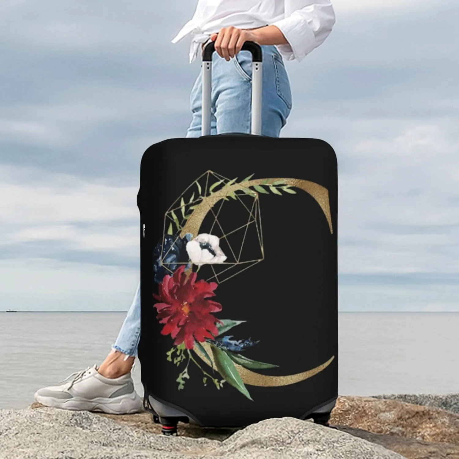 Luggage Cover Flower Golden Letter C Black Suitcase Protector fits 18-32inch Travel Suitcase Cover Washable Dustproof with Concealed Zipper for Wheeled Suitcase LC116