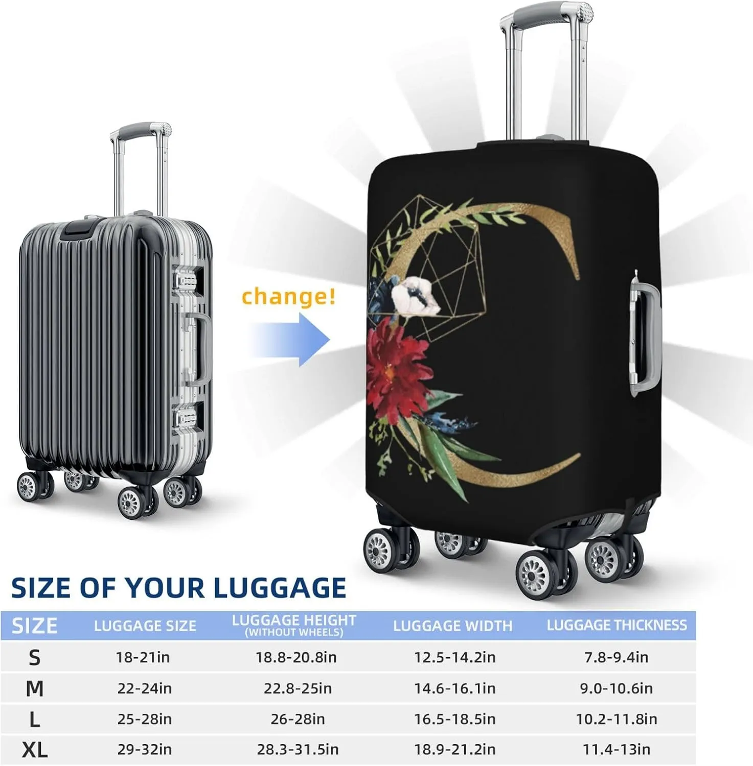Luggage Cover Flower Golden Letter C Black Suitcase Protector fits 18-32inch Travel Suitcase Cover Washable Dustproof with Concealed Zipper for Wheeled Suitcase LC116