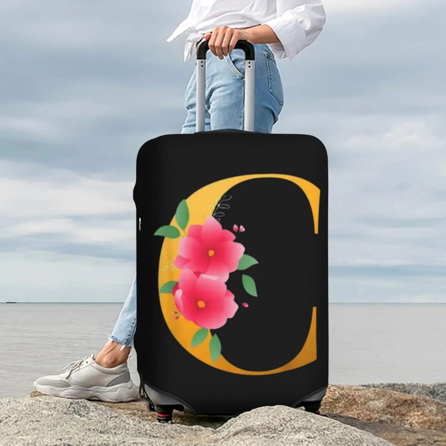 Luggage Cover Flower Golden Letter C Suitcase Protector fits 18-32inch Travel Suitcase Cover Dustproof Washable with Concealed Zipper for Wheeled Suitcase LC809