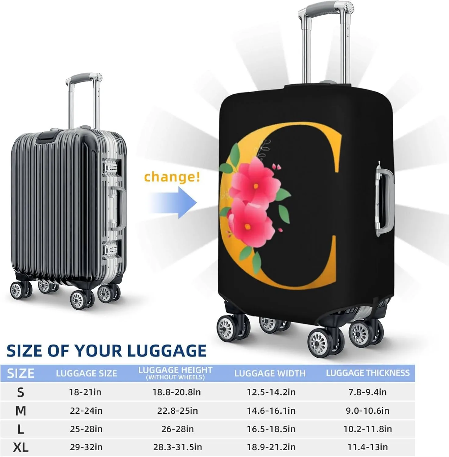 Luggage Cover Flower Golden Letter C Suitcase Protector fits 18-32inch Travel Suitcase Cover Dustproof Washable with Concealed Zipper for Wheeled Suitcase LC809