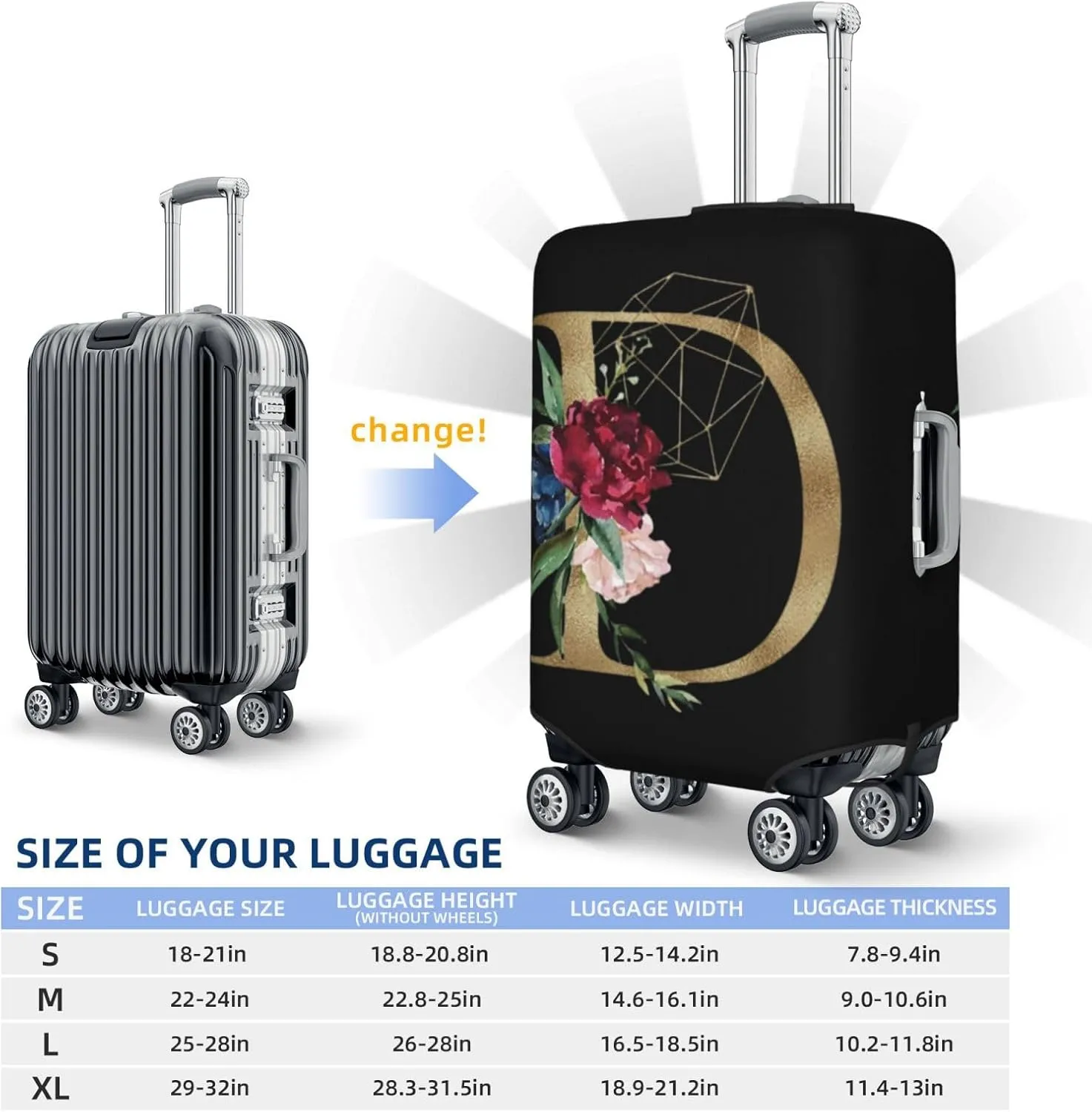 Luggage Cover Flower Golden Letter D Black Suitcase Protector fits 18-32inch Travel Suitcase Cover Washable Dustproof with Concealed Zipper for Wheeled Suitcase LC120