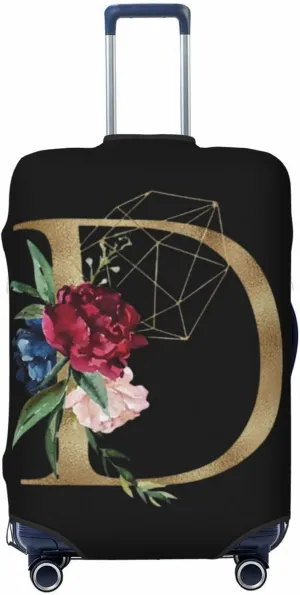 Luggage Cover Flower Golden Letter D Black Suitcase Protector fits 18-32inch Travel Suitcase Cover Washable Dustproof with Concealed Zipper for Wheeled Suitcase LC120