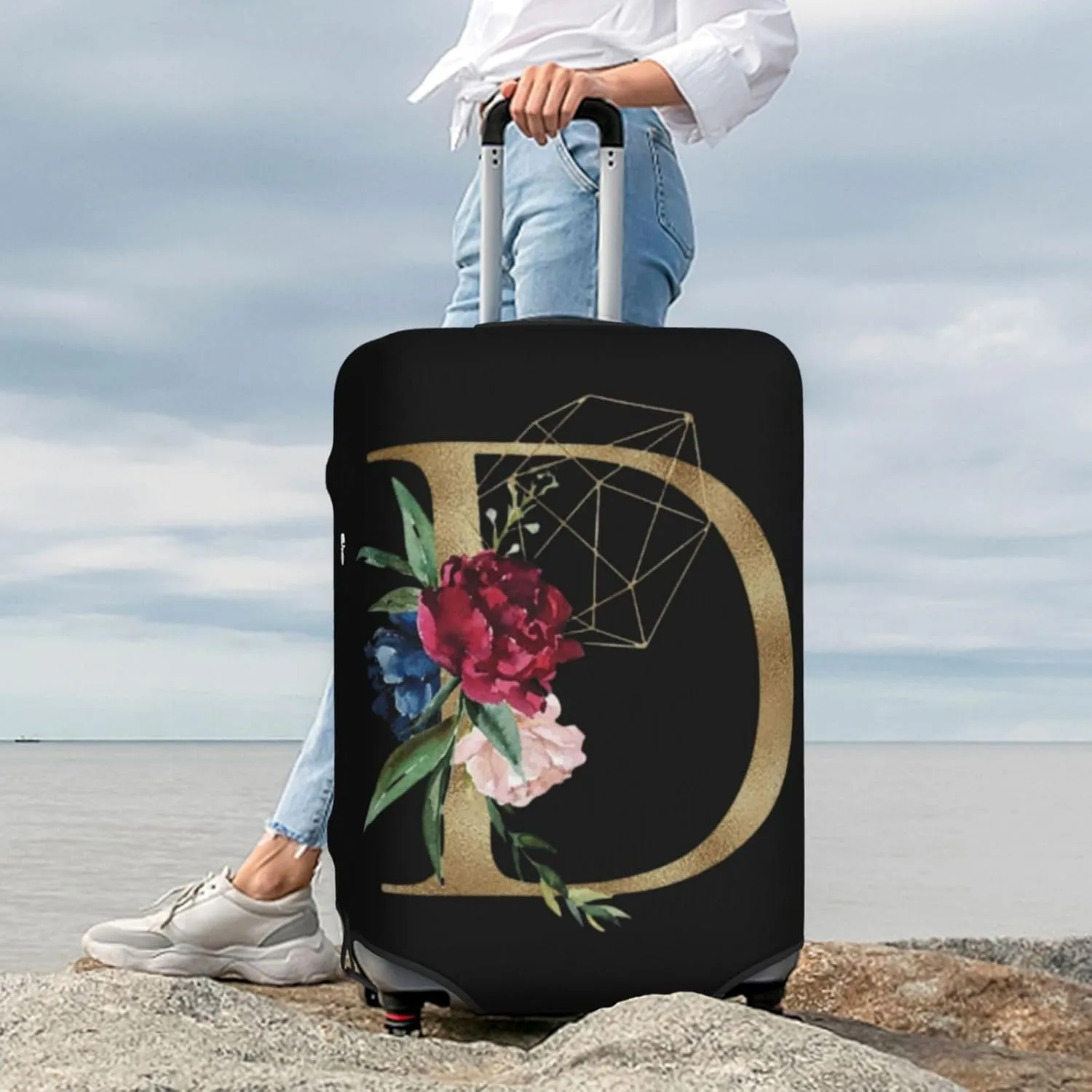 Luggage Cover Flower Golden Letter D Black Suitcase Protector fits 18-32inch Travel Suitcase Cover Washable Dustproof with Concealed Zipper for Wheeled Suitcase LC120