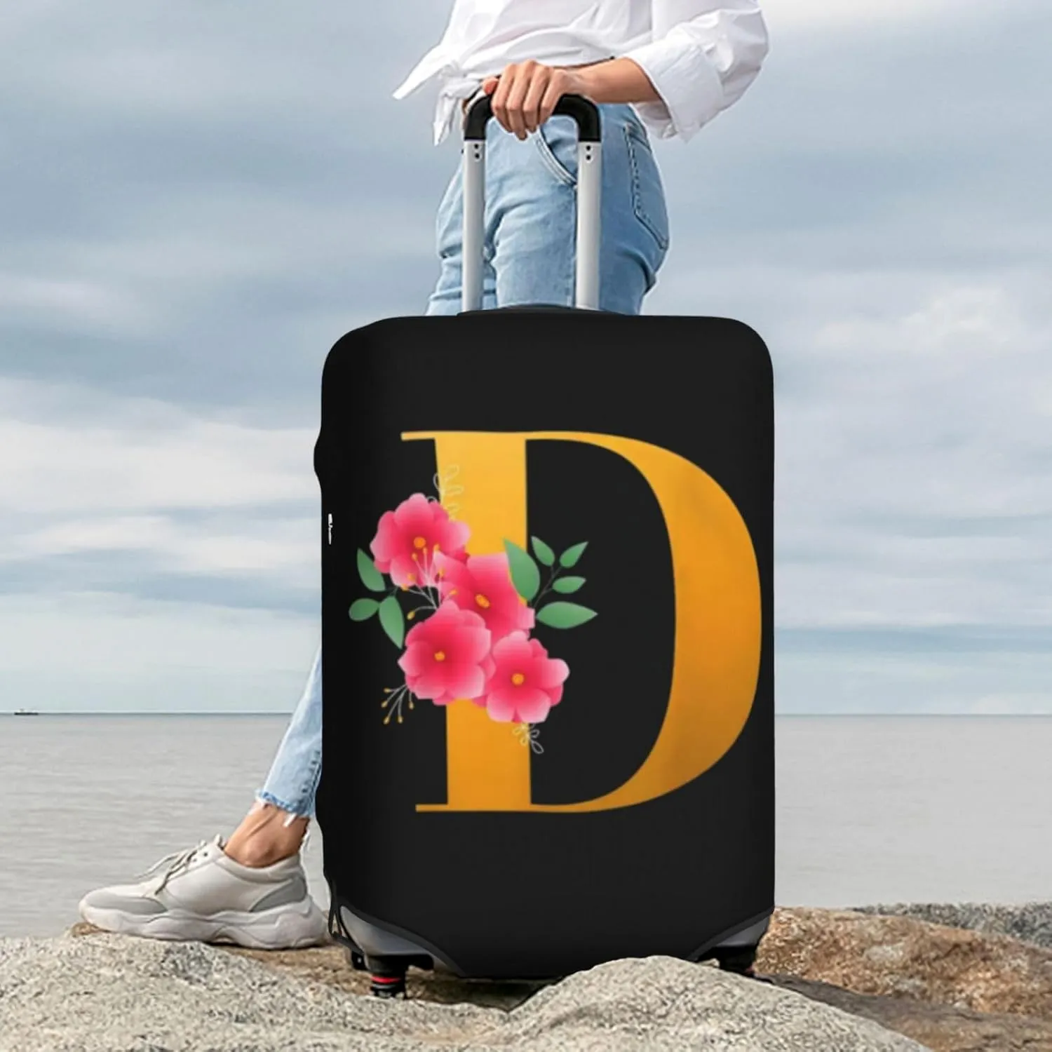 Luggage Cover Flower Golden Letter D Suitcase Protector fits 18-32inch Travel Suitcase Cover Dustproof Washable with Concealed Zipper for Wheeled Suitcase LC813