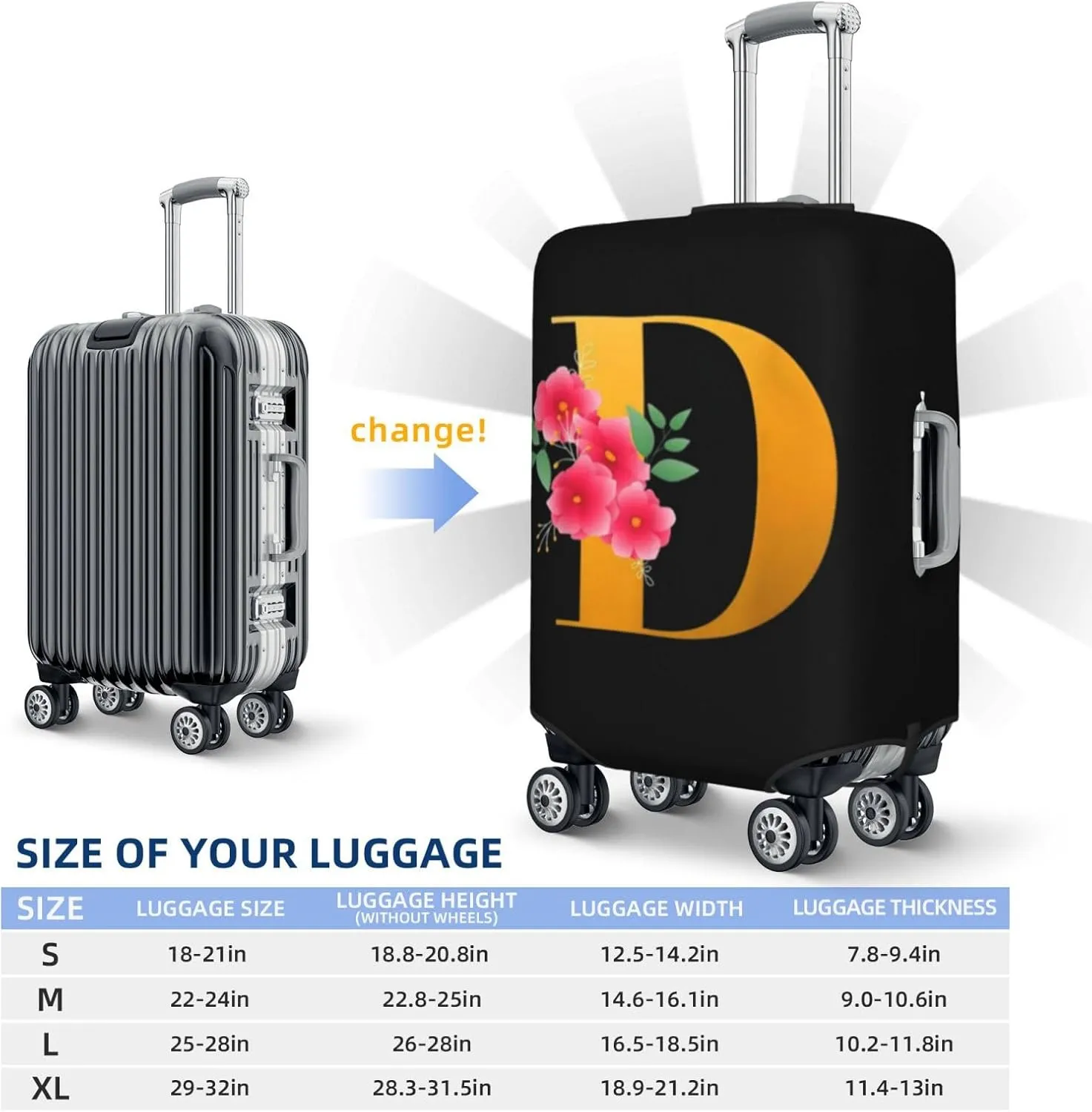 Luggage Cover Flower Golden Letter D Suitcase Protector fits 18-32inch Travel Suitcase Cover Dustproof Washable with Concealed Zipper for Wheeled Suitcase LC813