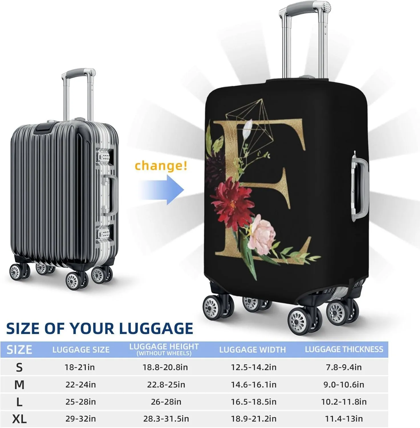 Luggage Cover Flower Golden Letter E Black Suitcase Protector fits 18-32inch Travel Suitcase Cover Washable Dustproof with Concealed Zipper for Wheeled Suitcase LC124