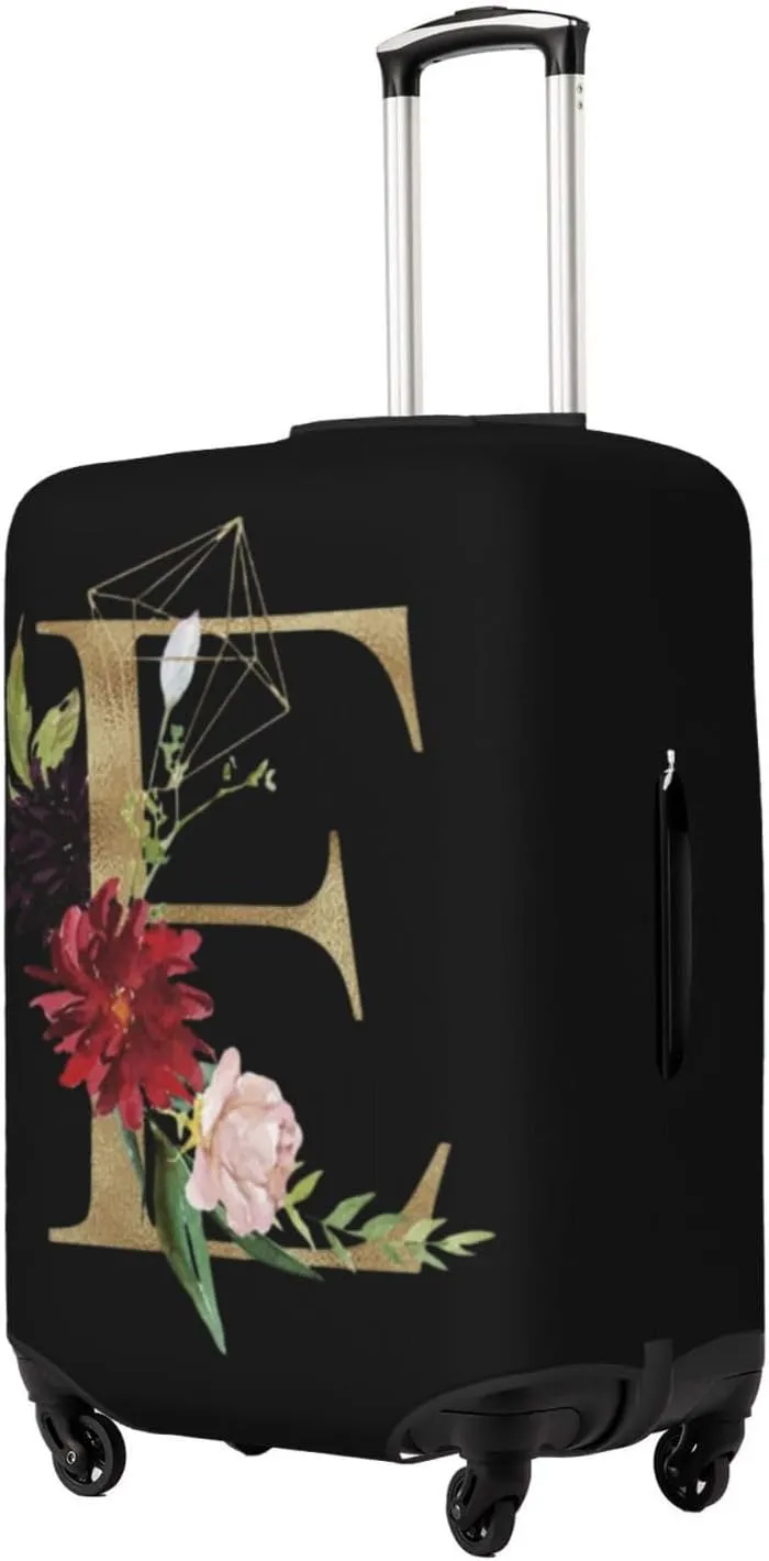 Luggage Cover Flower Golden Letter E Black Suitcase Protector fits 18-32inch Travel Suitcase Cover Washable Dustproof with Concealed Zipper for Wheeled Suitcase LC124