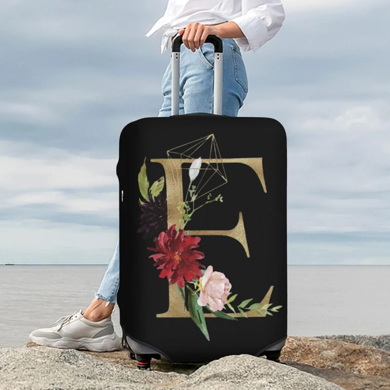 Luggage Cover Flower Golden Letter E Black Suitcase Protector fits 18-32inch Travel Suitcase Cover Washable Dustproof with Concealed Zipper for Wheeled Suitcase LC124