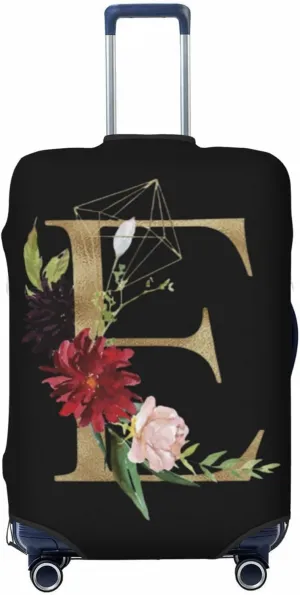 Luggage Cover Flower Golden Letter E Black Suitcase Protector fits 18-32inch Travel Suitcase Cover Washable Dustproof with Concealed Zipper for Wheeled Suitcase LC124