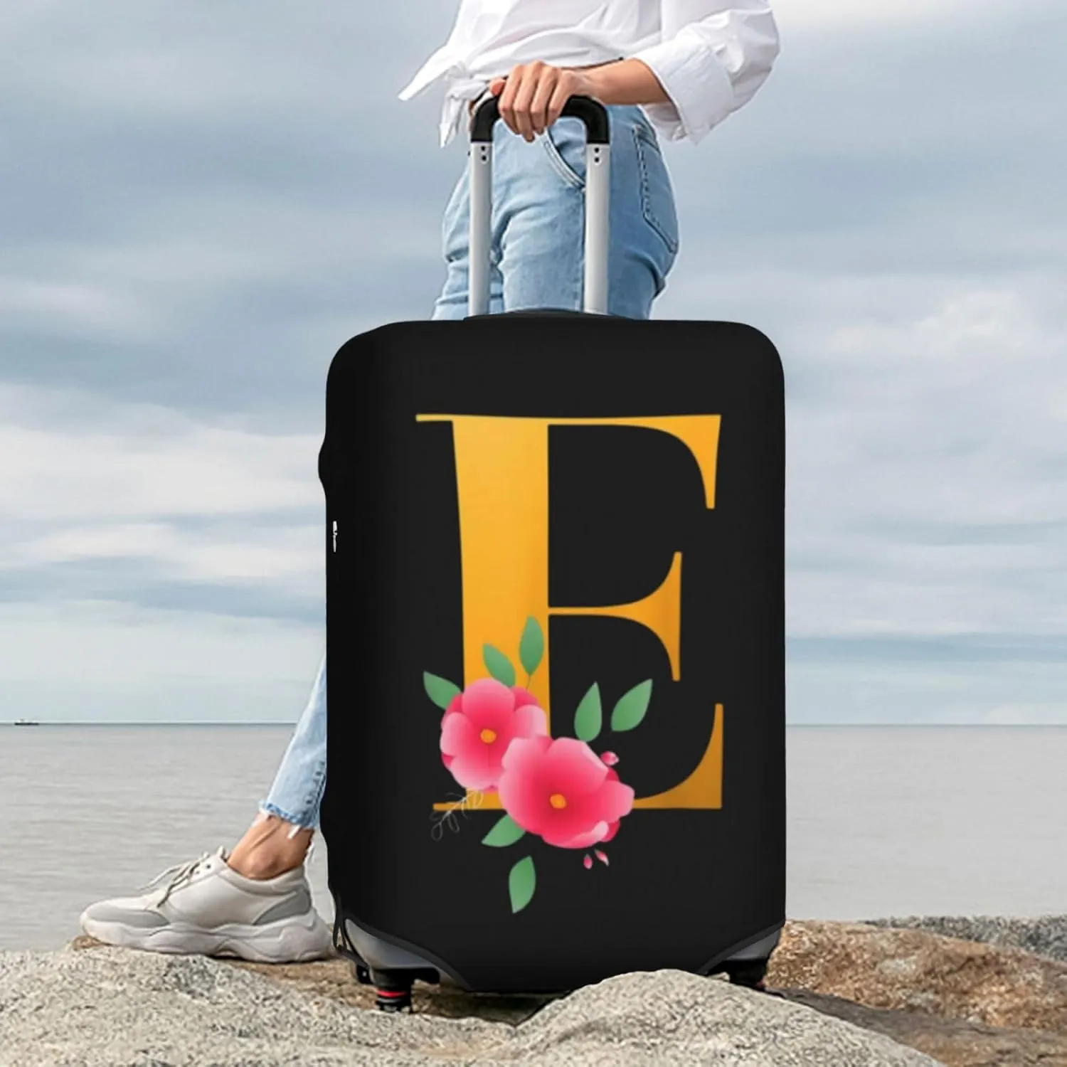 Luggage Cover Flower Golden Letter E Suitcase Protector fits 18-32inch Travel Suitcase Cover Dustproof Washable with Concealed Zipper for Wheeled Suitcase LC817